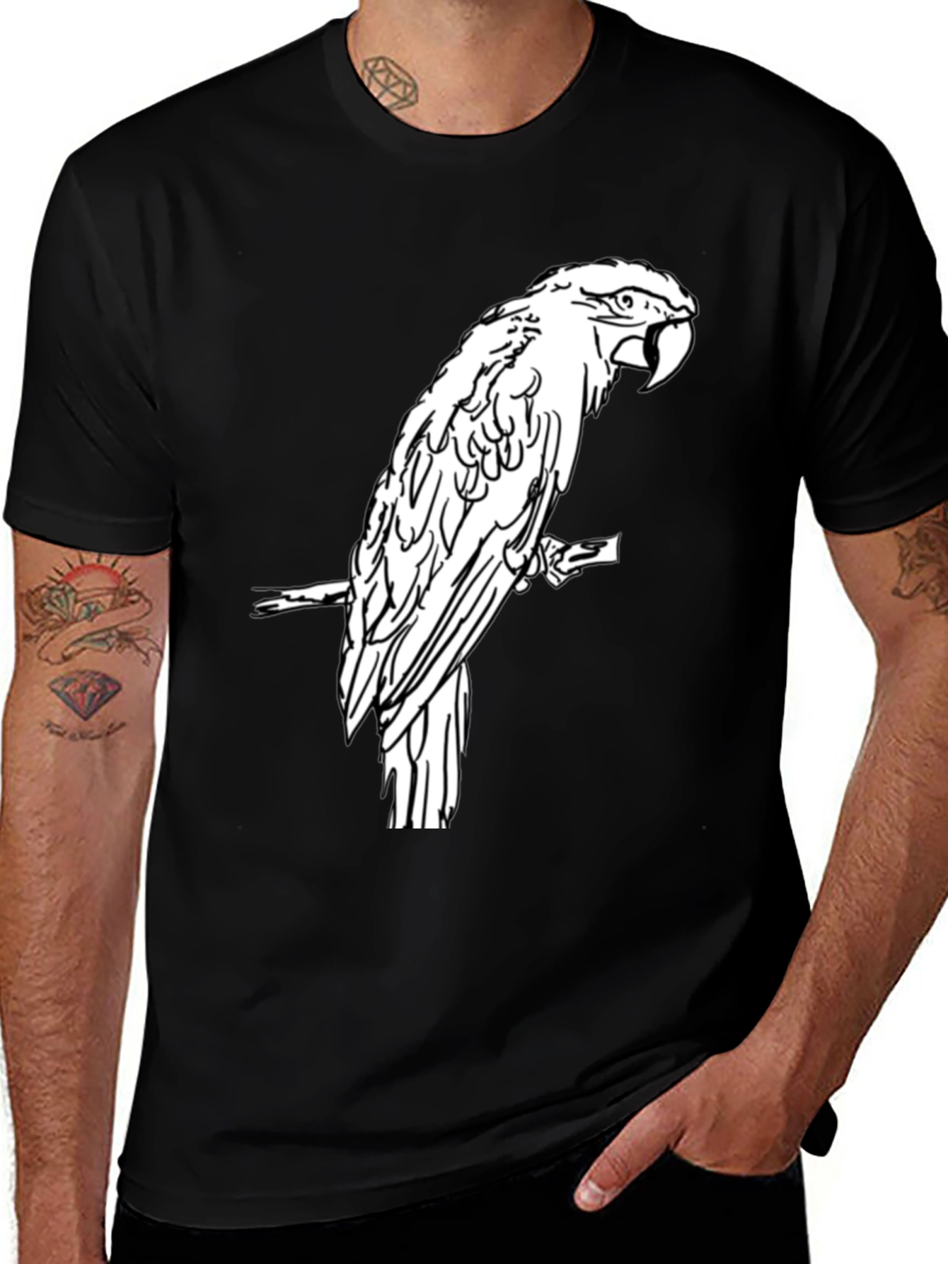 Variant 17 of Black T-Shirt with White Parrot Graphic