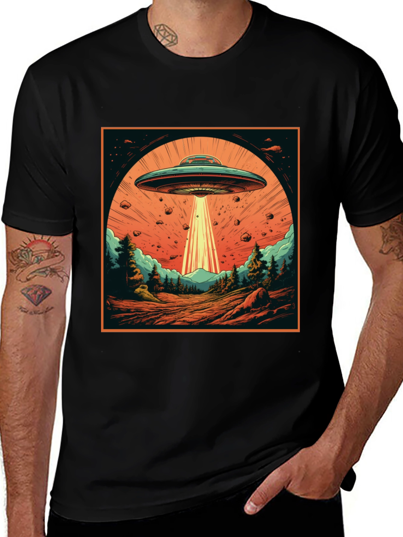 Retro UFO Abduction Graphic Tee - Black
