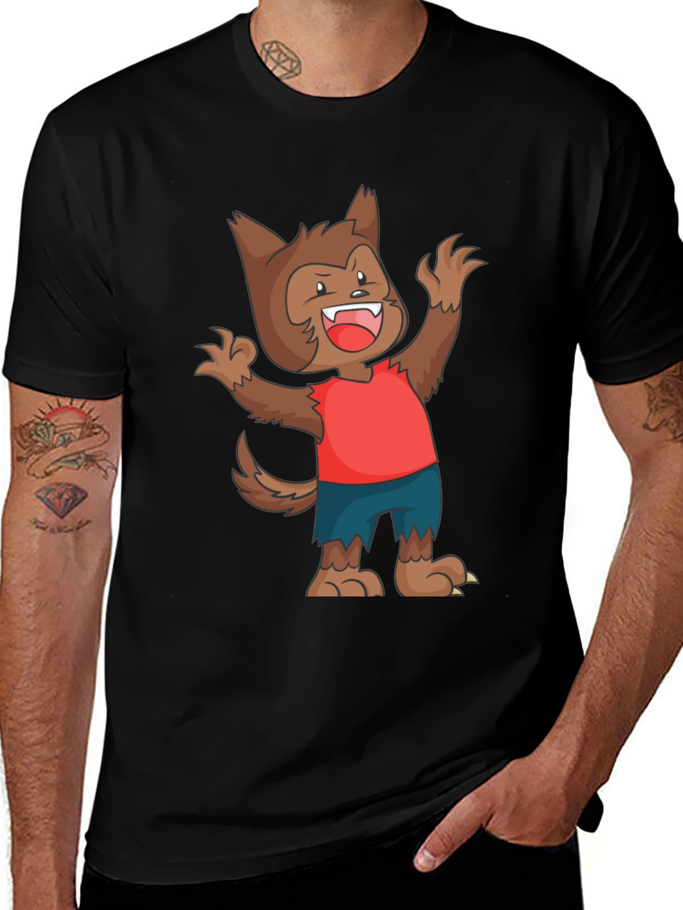 Variant 27 of Cartoon Werewolf Graphic Tee - Men's Black T-Shirt