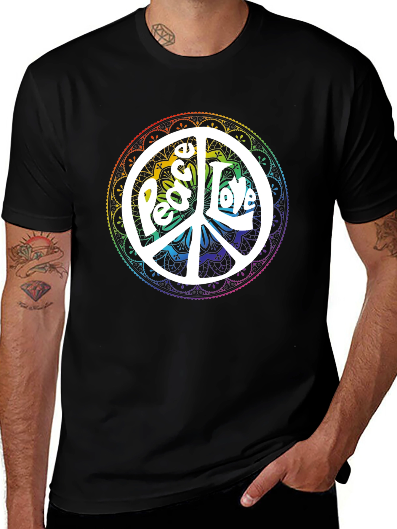 Variant 9 of Peace & Love Graphic T-Shirt - Rainbow Mandala Design