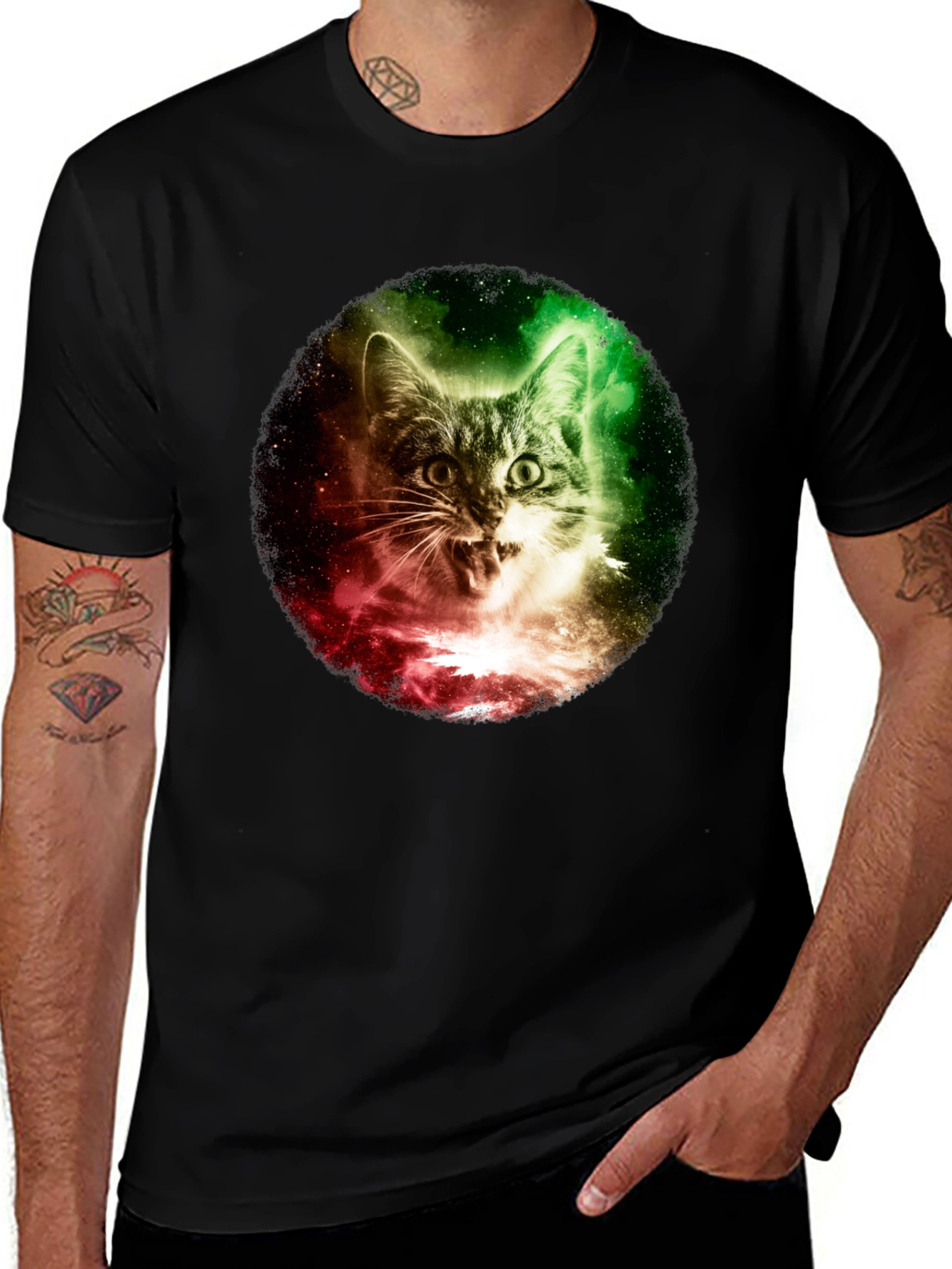 Variant 2 of Galaxy Cat Graphic Tee - Men's Black T-Shirt