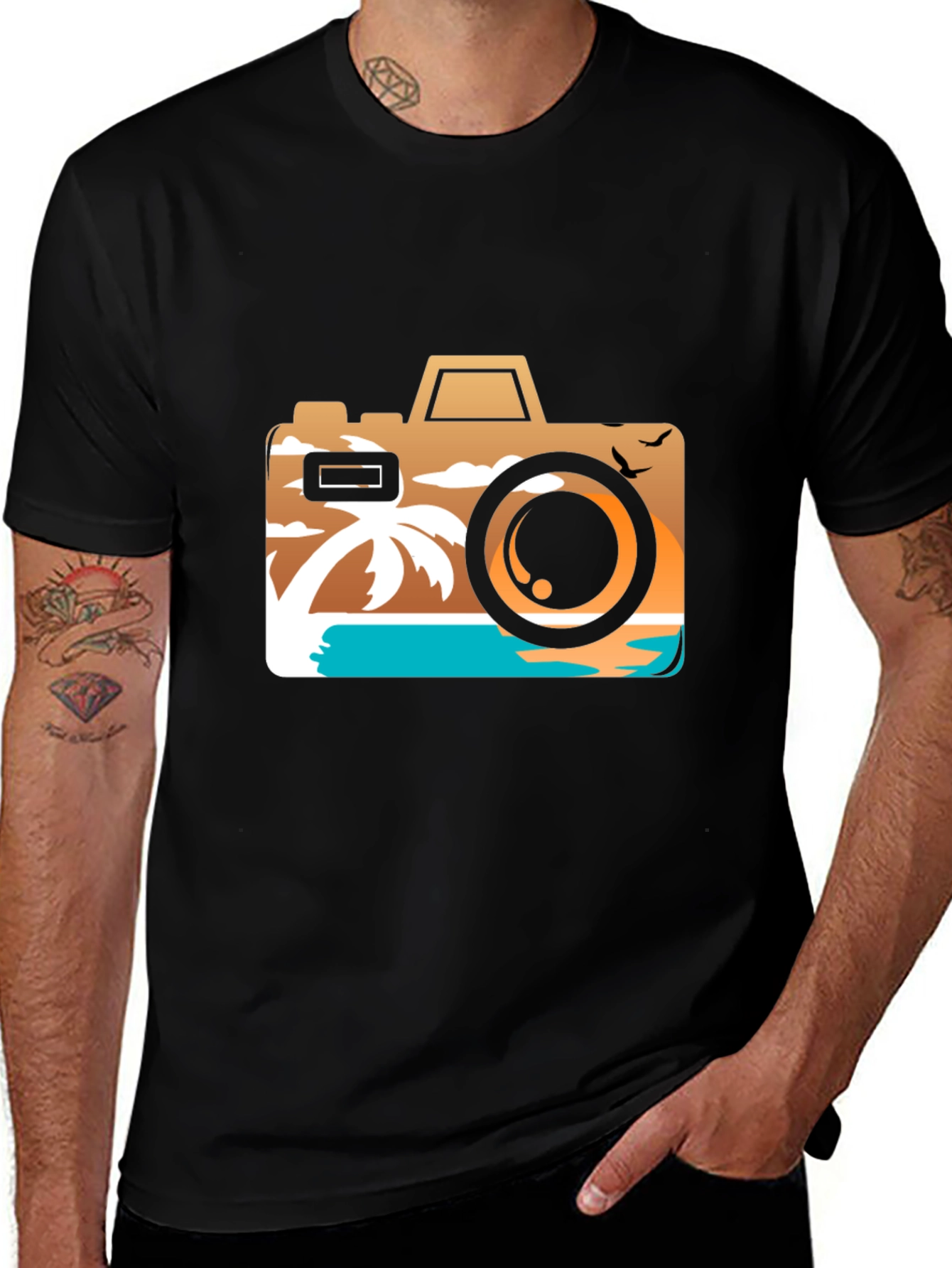 Variant 27 of Tropical Camera Graphic Tee - Black Cotton T-Shirt