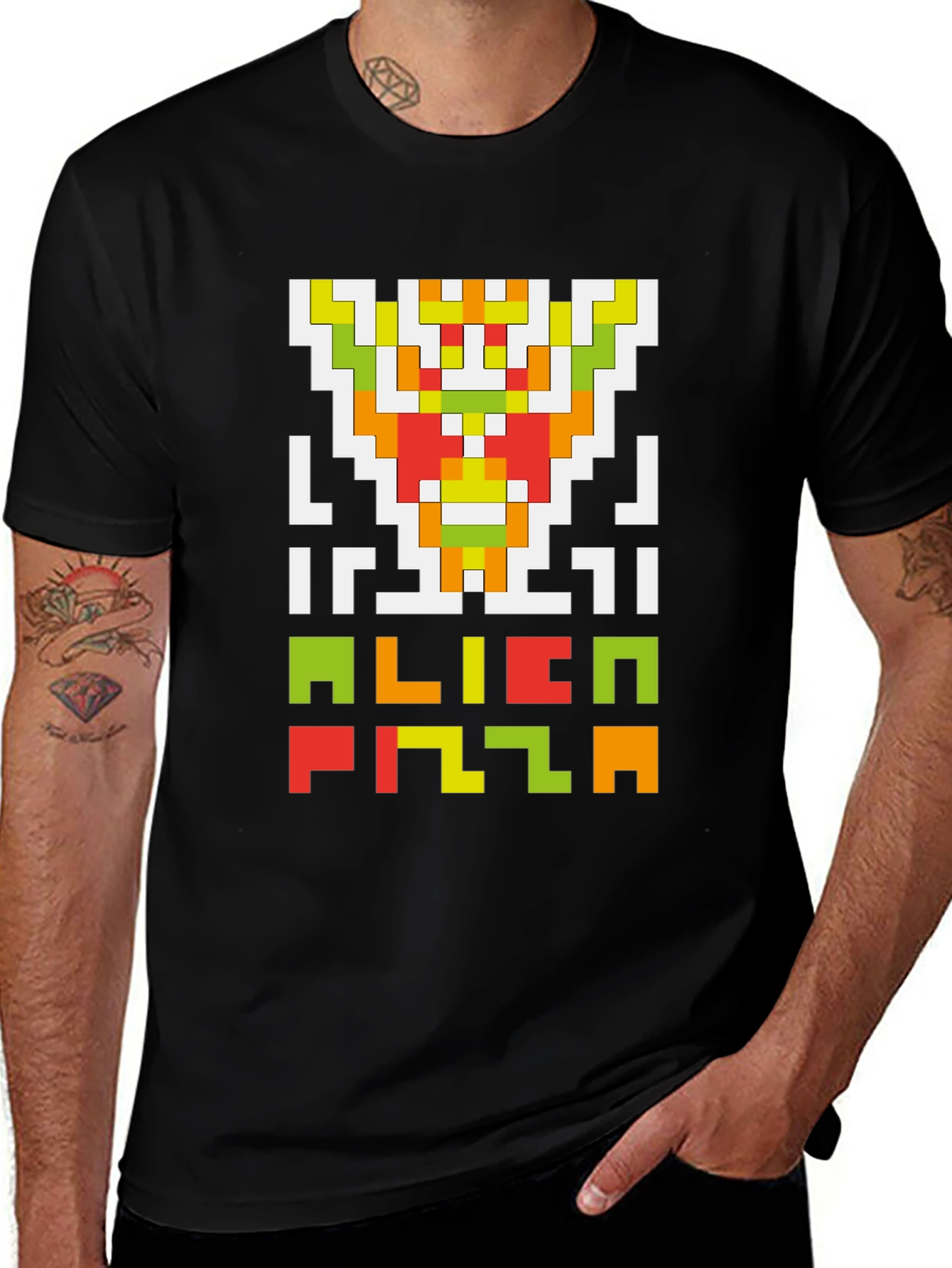 Variant 14 of Alien Pizza Pixel Art Black T-Shirt