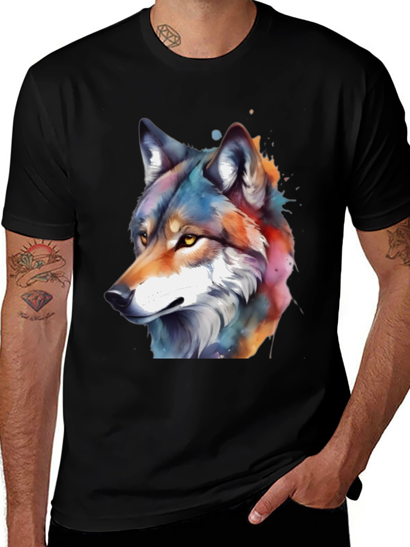 Variant 27 of Watercolor Wolf Graphic Tee - Men's Black T-Shirt