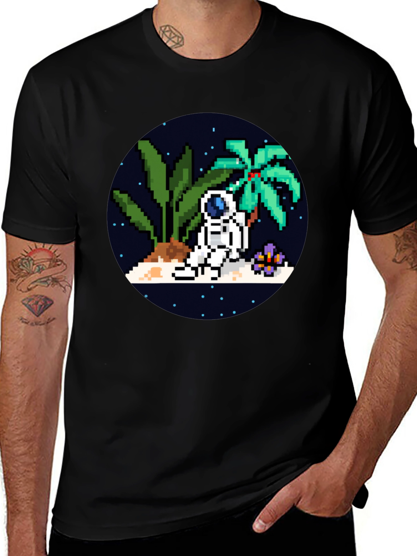 Variant 7 of Pixel Astronaut Island Black T-Shirt