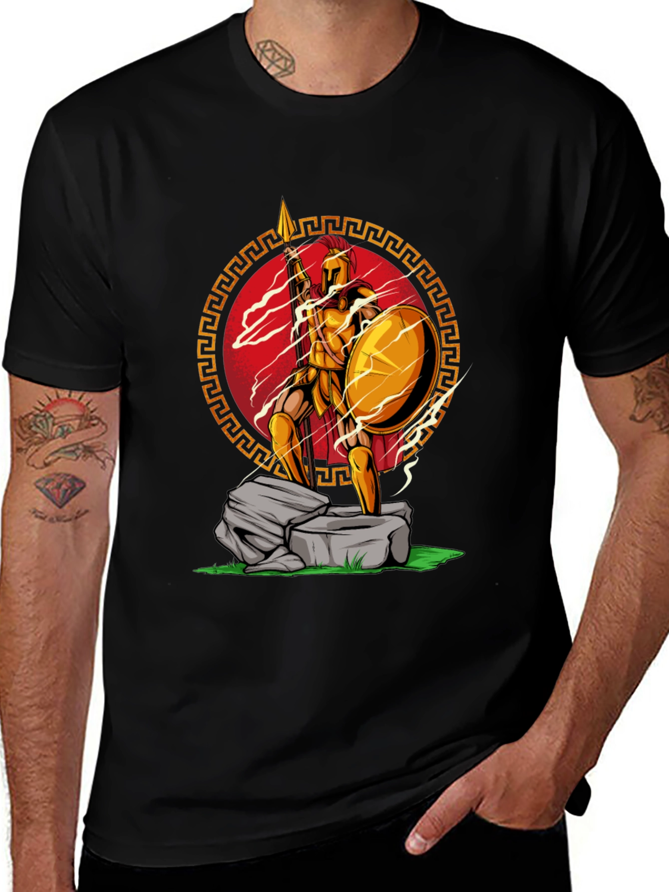 Spartan Warrior Graphic Tee - Shield and Spear Design
