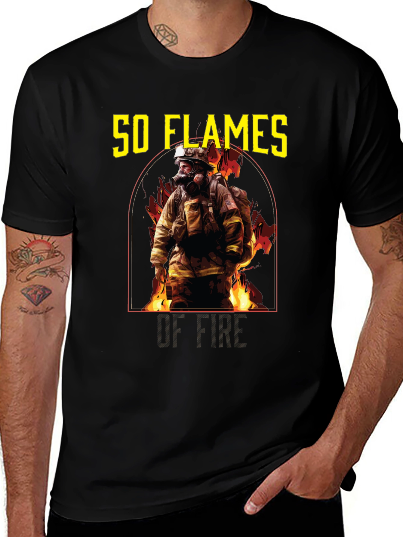 Variant 30 of Firefighter Flames Graphic T-Shirt - Black Crew Neck Tee