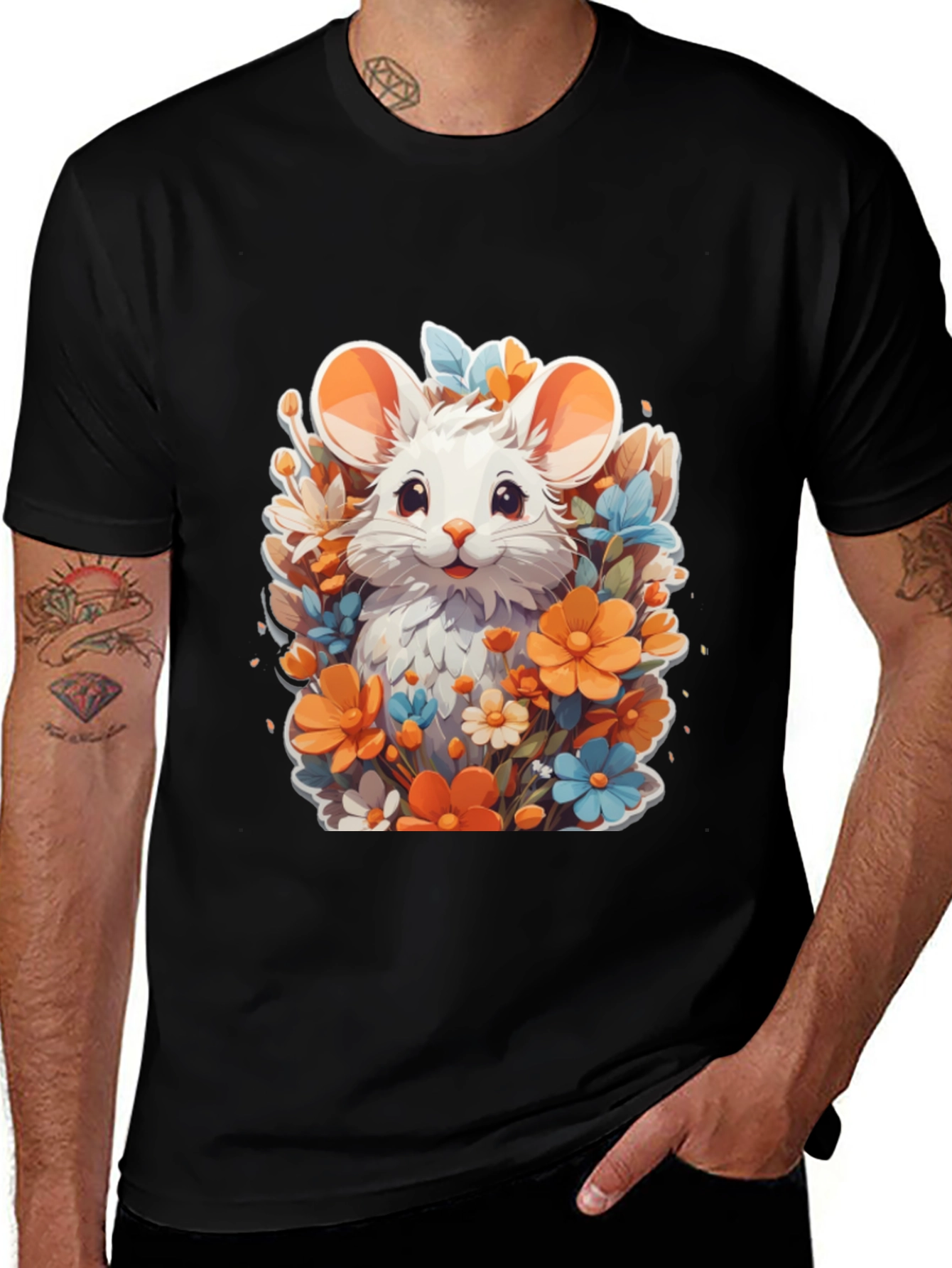 Variant 16 of Cute Mouse & Flowers Black T-Shirt