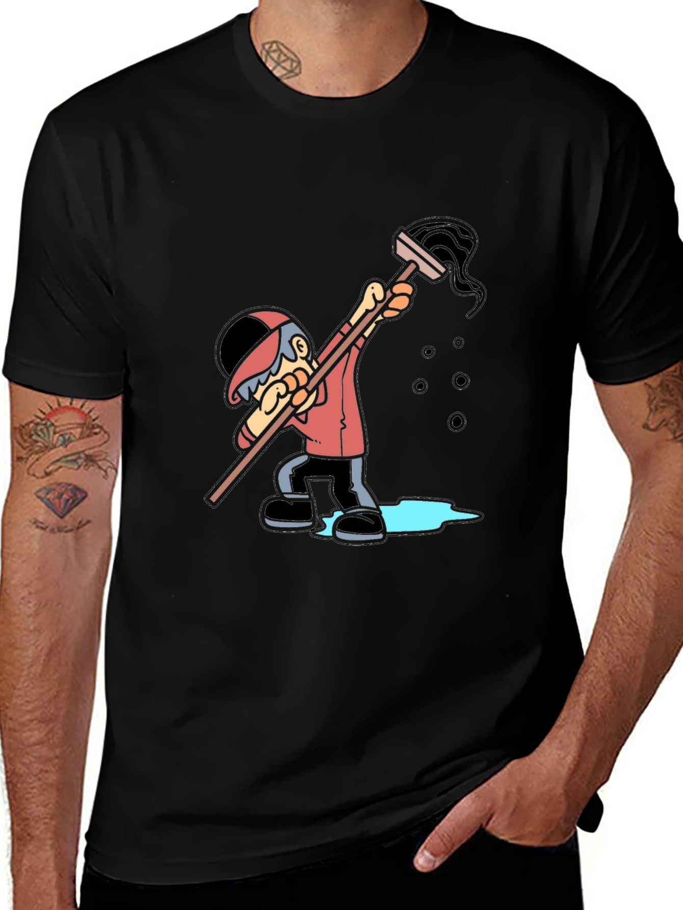 Variant 22 of Cartoon Janitor Graphic T-Shirt - Black Cotton Blend