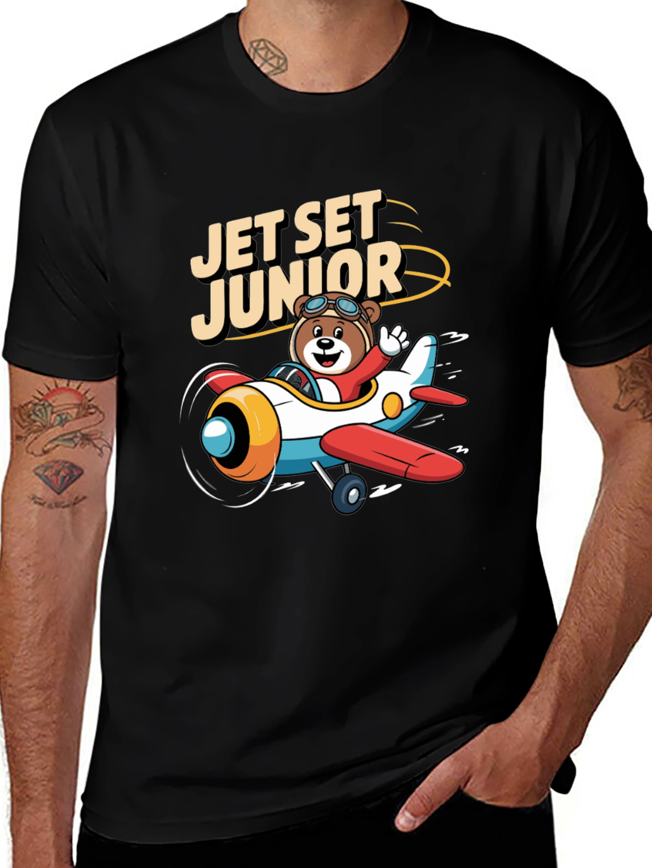 Variant 23 of Jet Set Junior Black T-Shirt - Airplane Teddy Bear Design