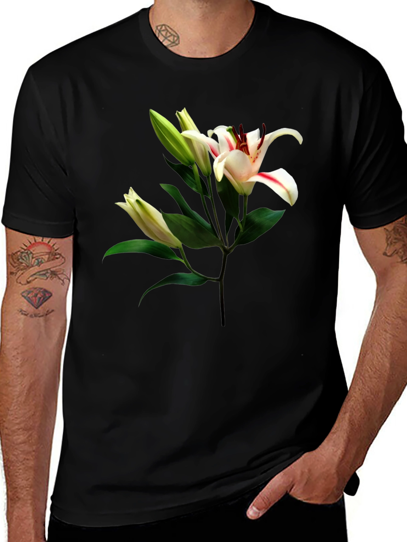 Variant 11 of Floral Lily Print Black T-Shirt