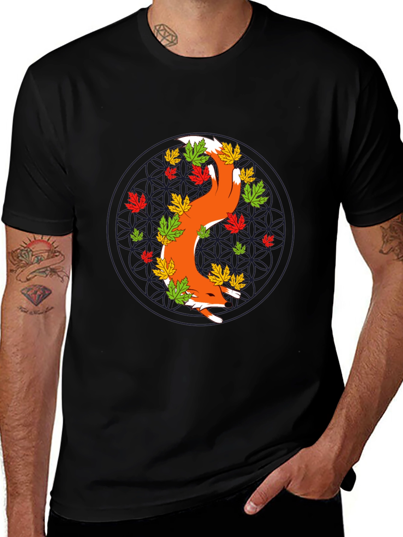 Variant 10 of Fox and Fall Leaves Graphic Tee - Black