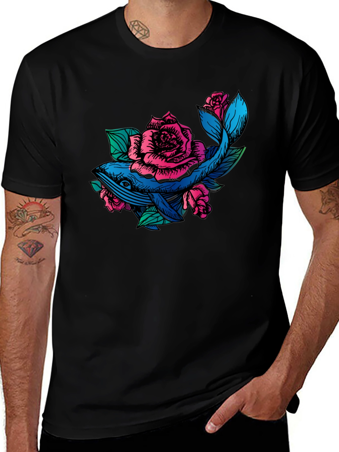 Variant 3 of Whale and Roses Graphic T-Shirt - Black