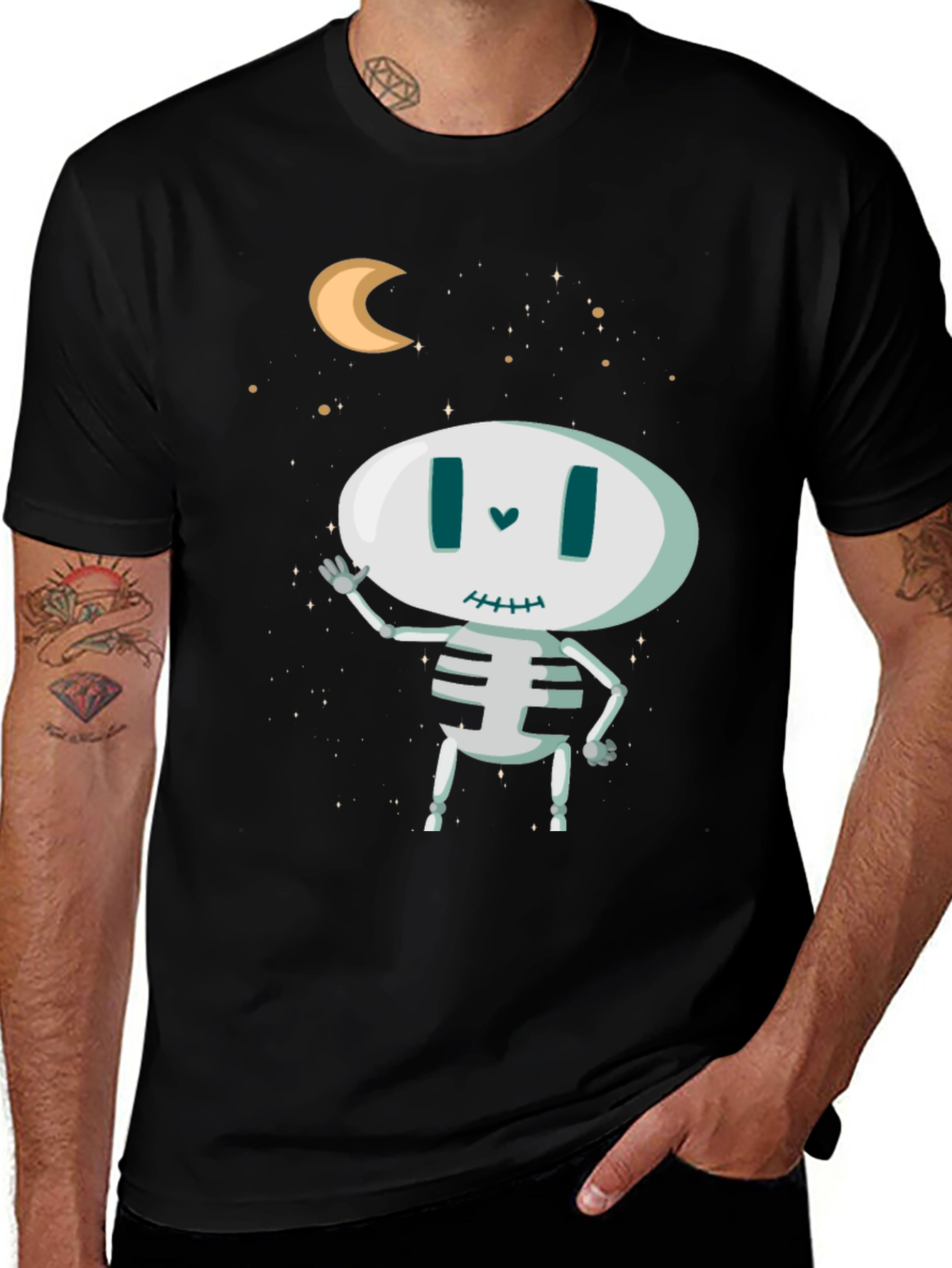 Variant 28 of Whimsical Skeleton Graphic Tee - Black Cotton Blend