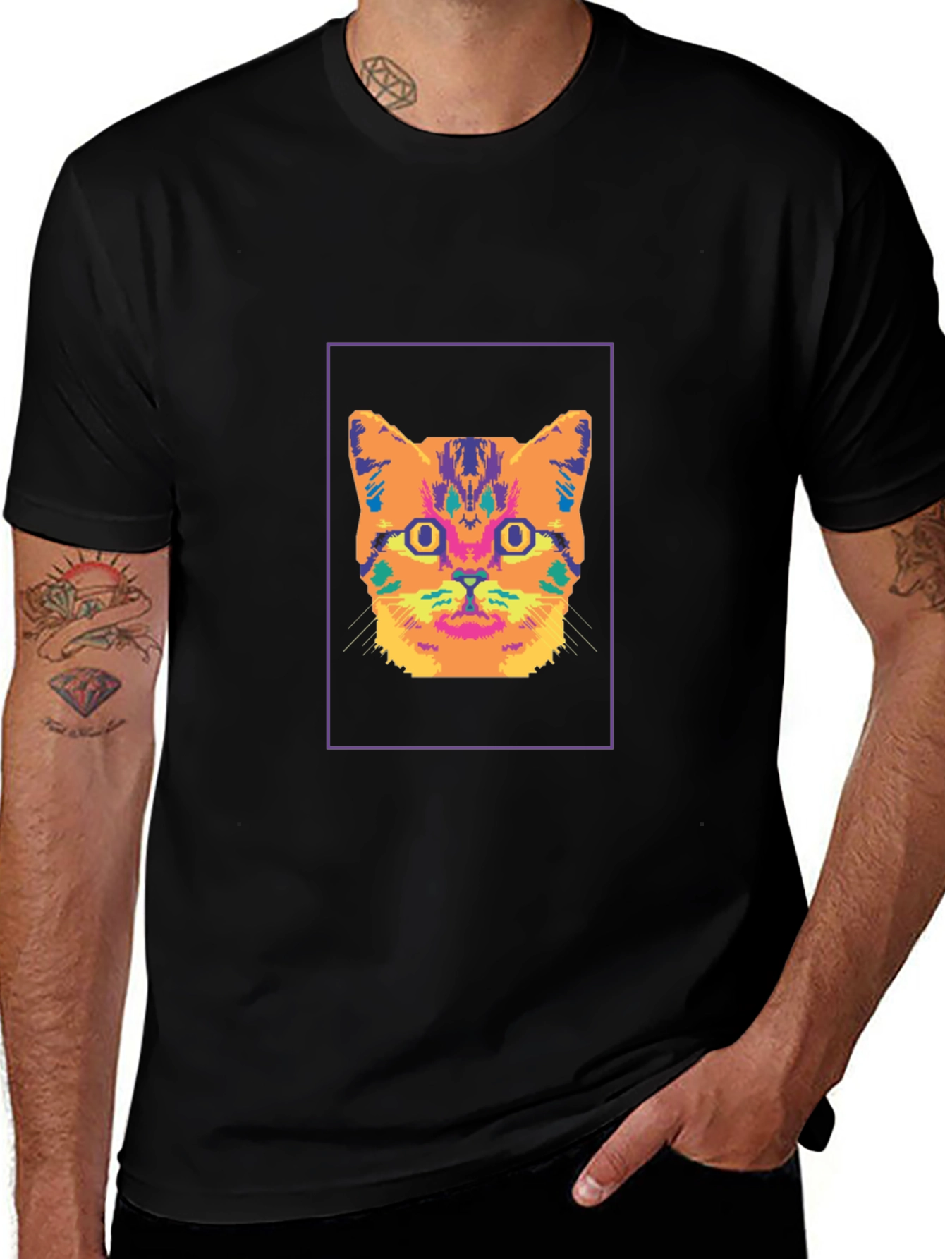 Variant 10 of Cat Head Graphic Tee - Vibrant Print, Black Shirt