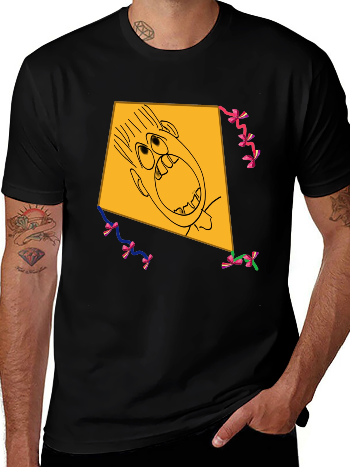 Cartoon Face Kite Graphic Tee - Black Cotton Blend T-Shirt