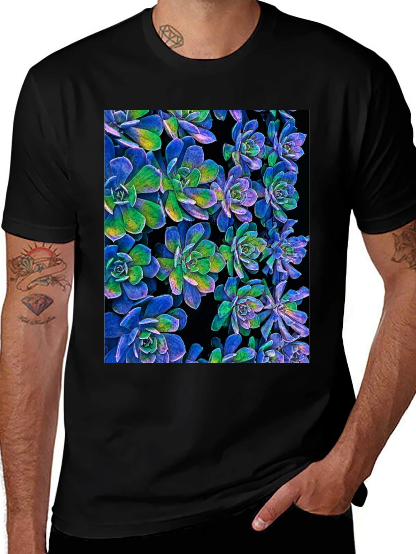 Succulent Print Black T-Shirt