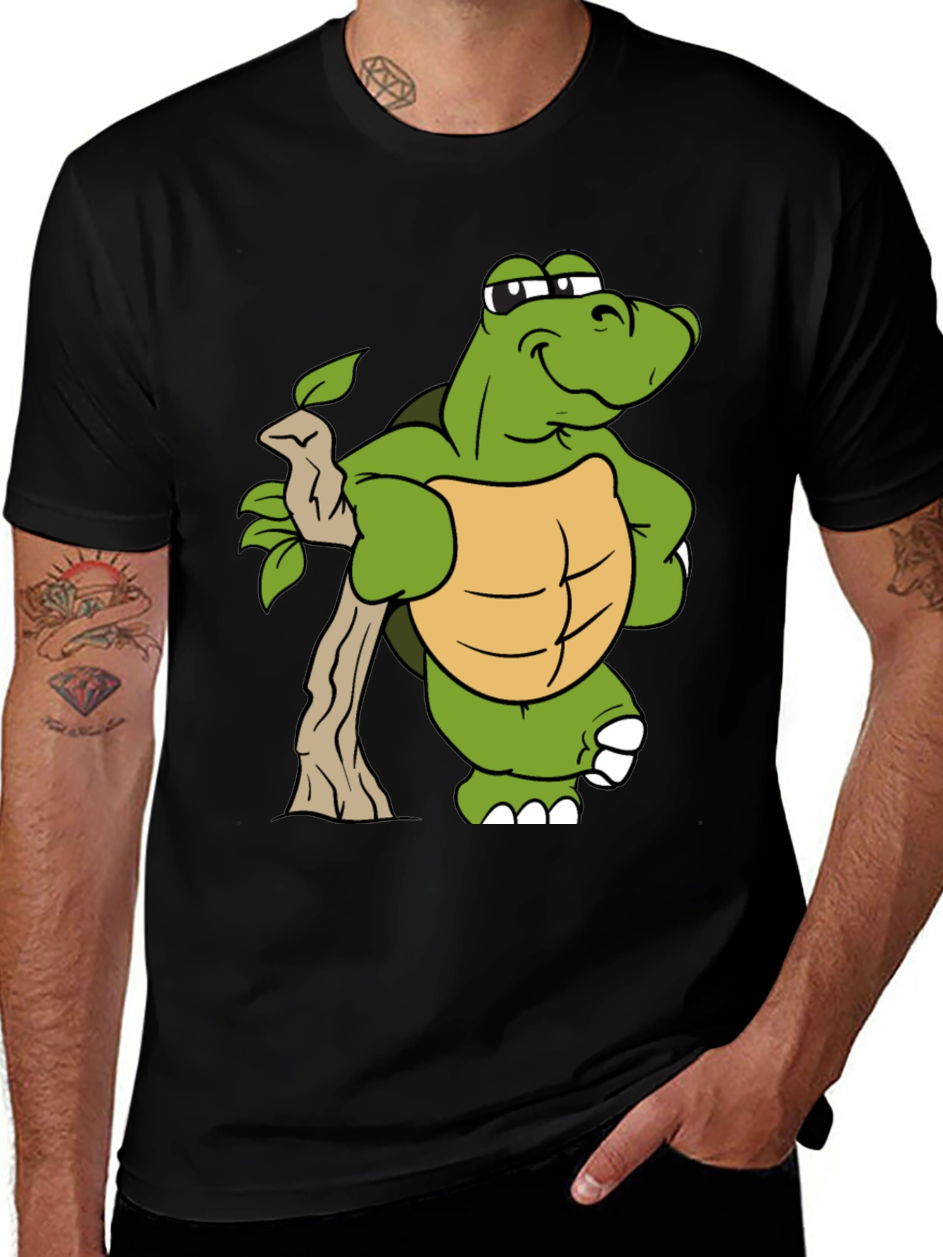 Variant 20 of Cartoon Turtle Graphic Tee - Black Cotton Blend Shirt
