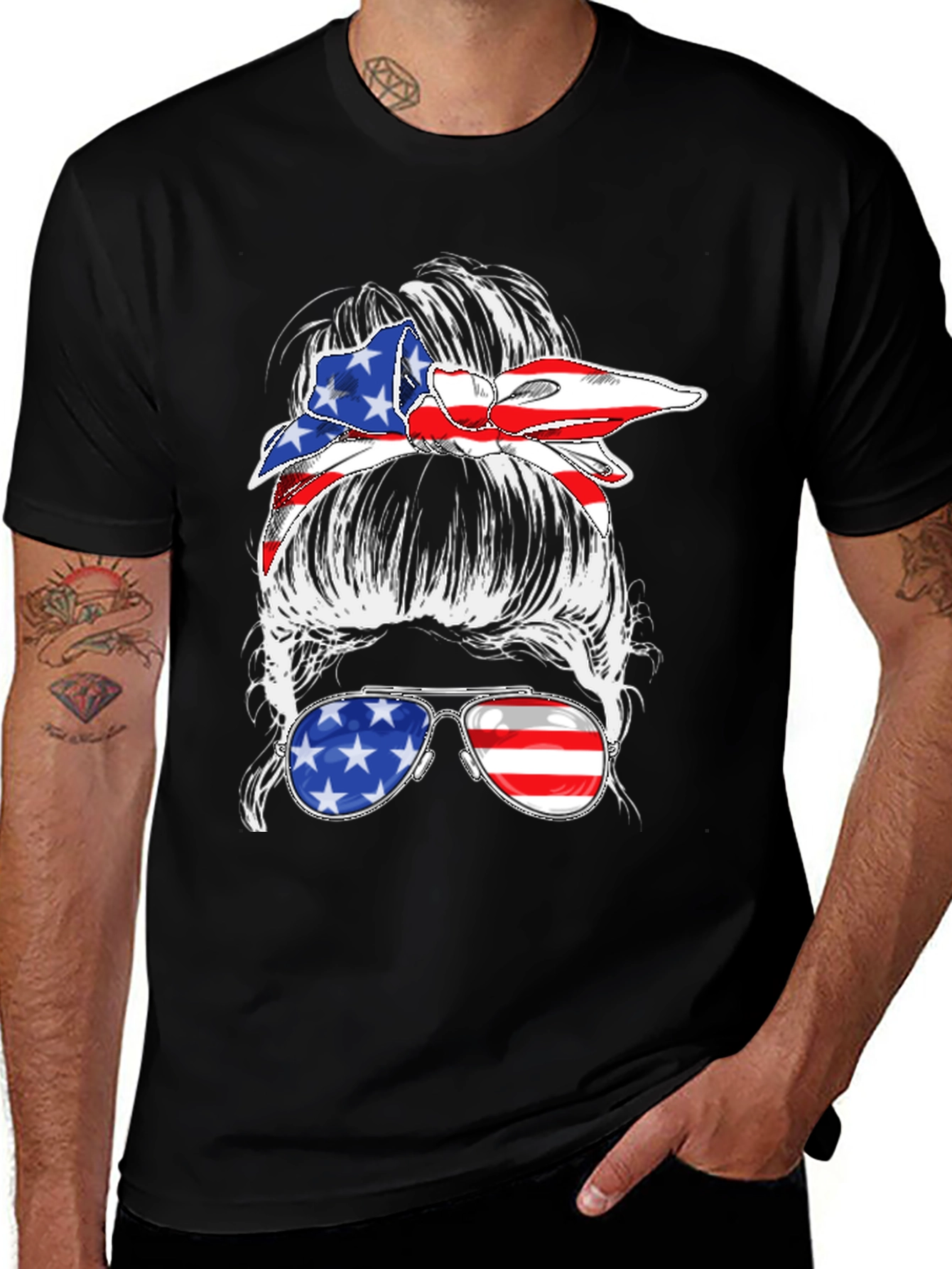 Black Messy Bun American Flag T-Shirt main image