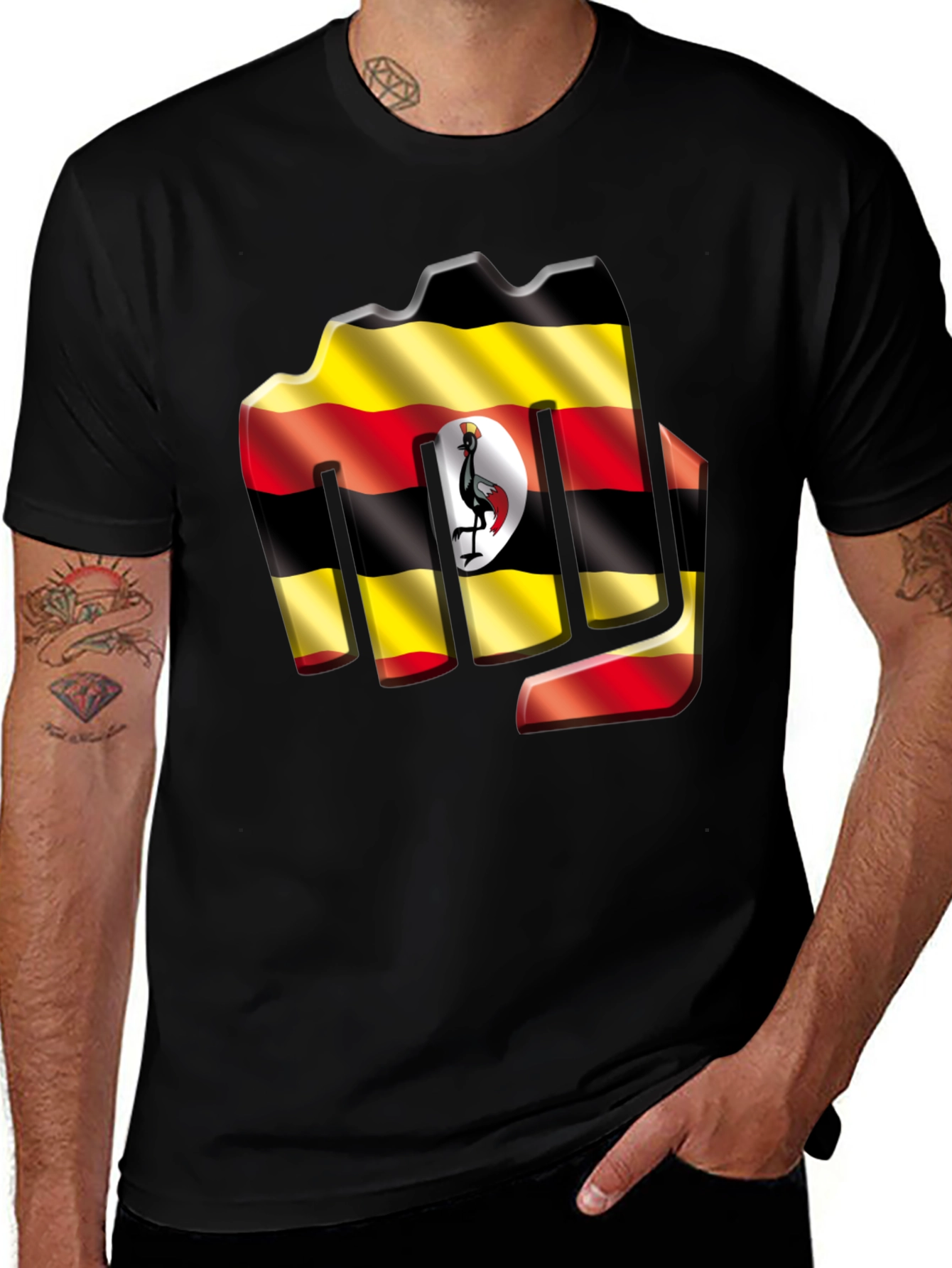 Variant 6 of Uganda Flag Fist T-Shirt - Black Cotton Tee
