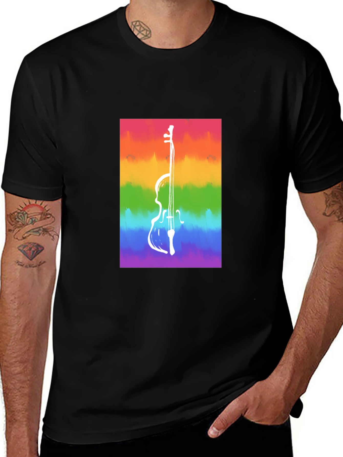 Variant 15 of Rainbow Cello Graphic Tee - Black Cotton Casual Shirt