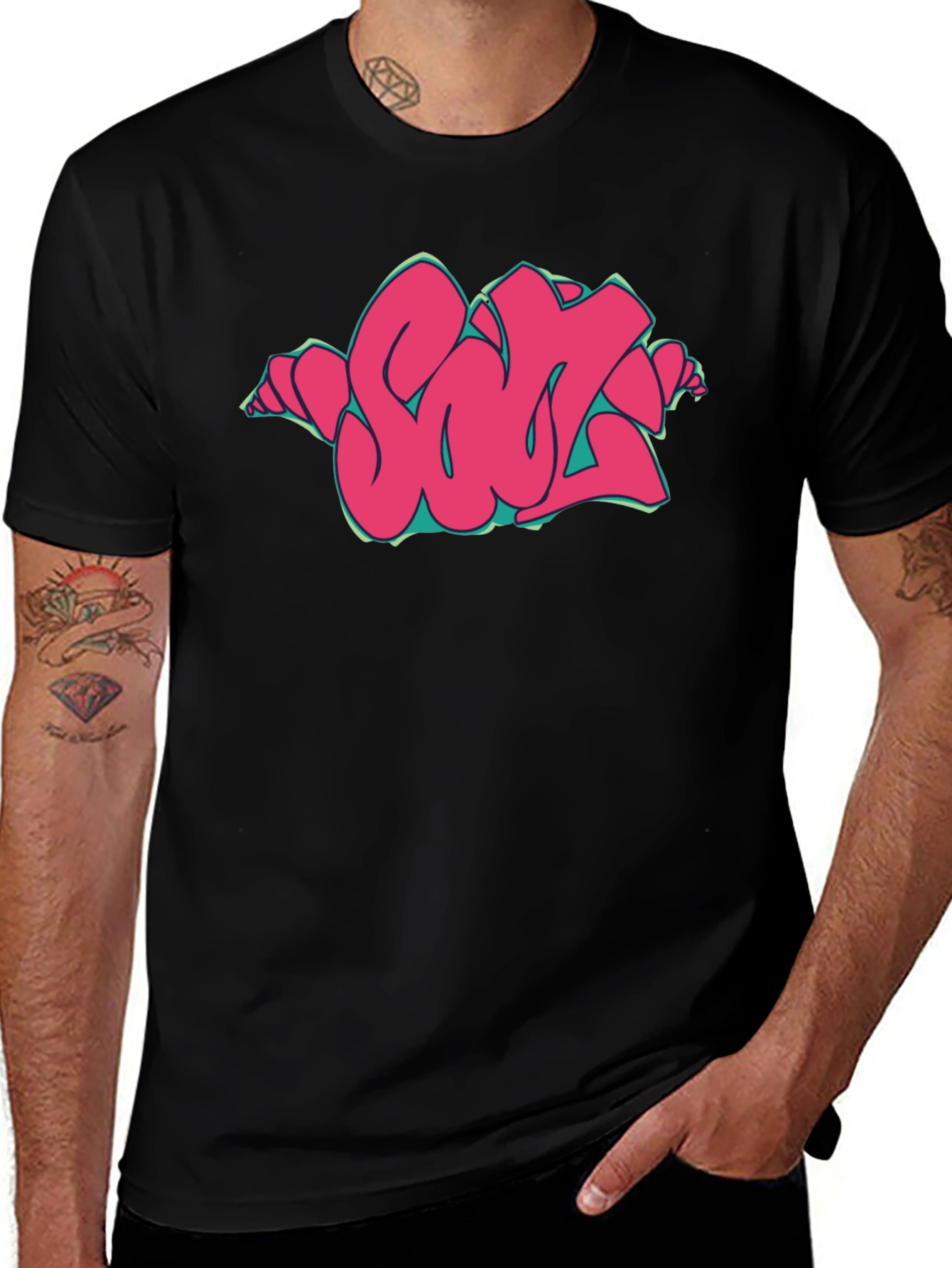 Variant 28 of Graffiti Style Pink Graphic Print Black T-Shirt