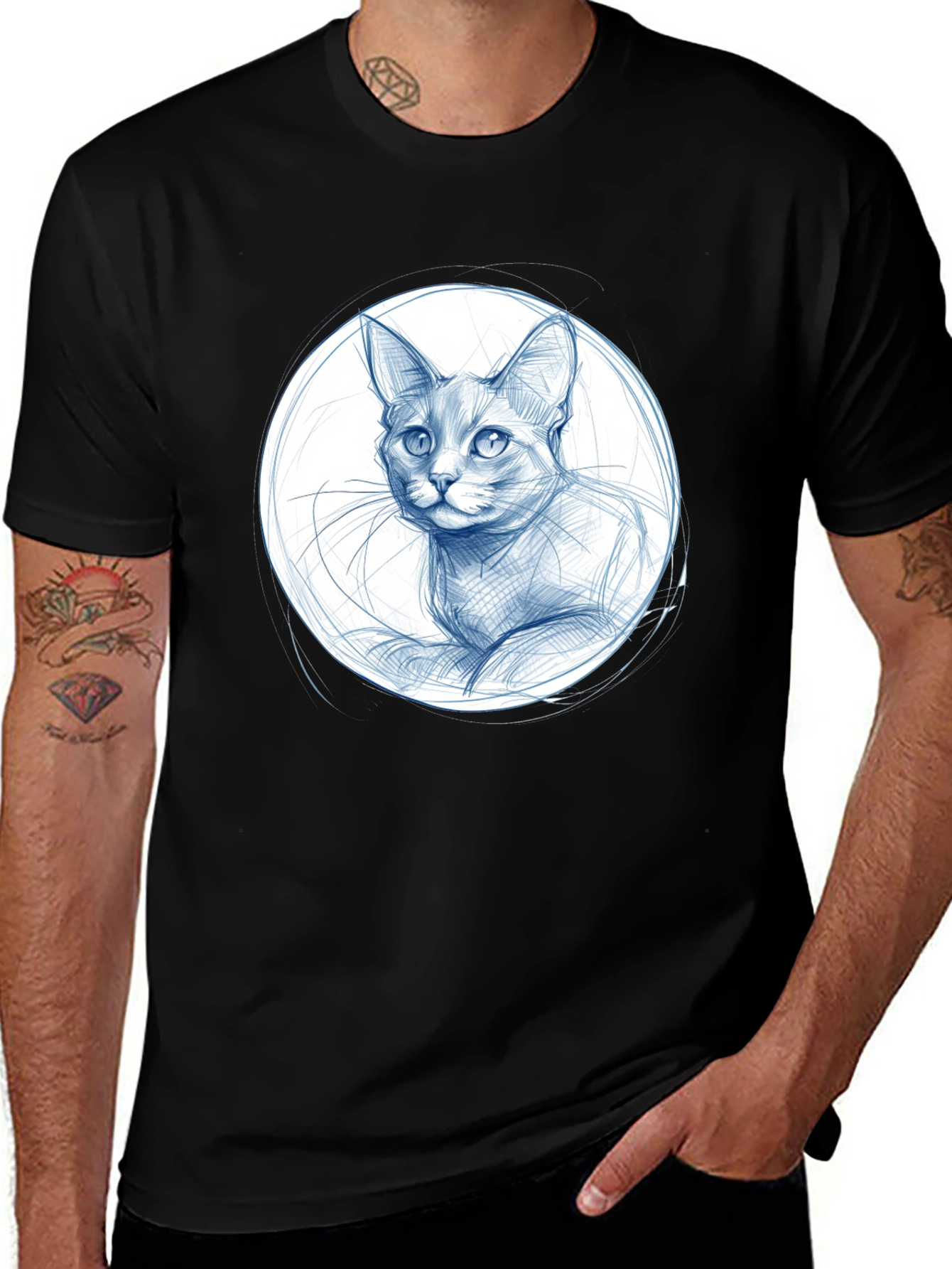 Variant 19 of Cat Sketch Graphic Tee - Stylish Black Cotton T-Shirt