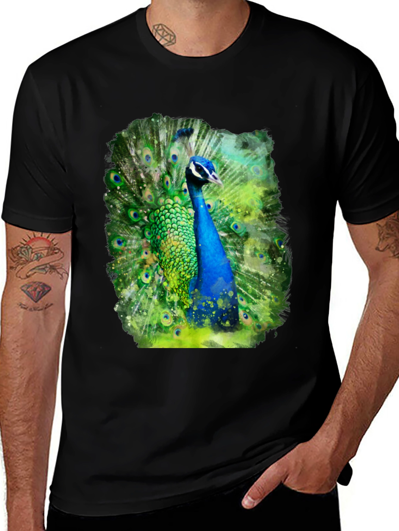 Peacock Graphic Tee - Vivid Print Black T-Shirt