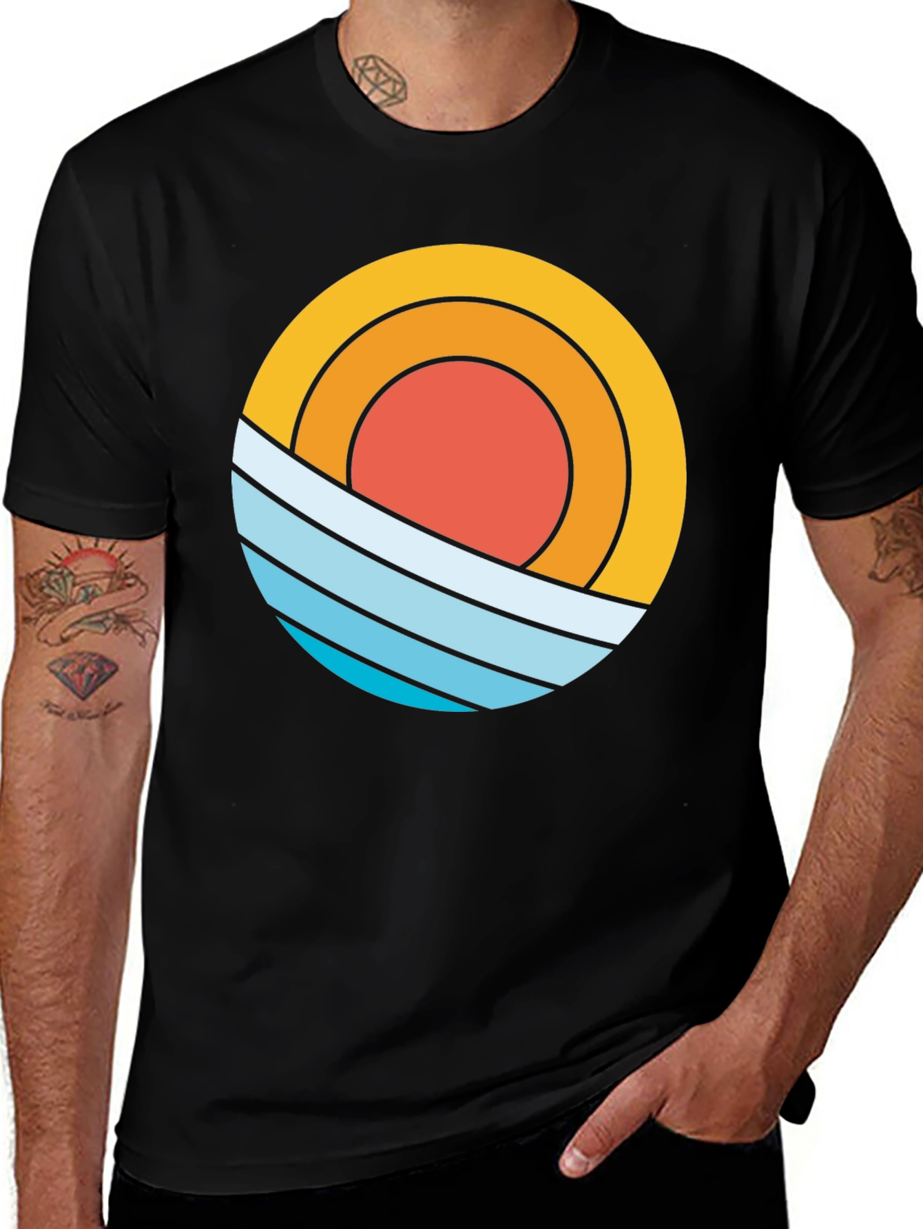 Variant 12 of Retro Sun & Waves Graphic Tee - Black Cotton T-Shirt