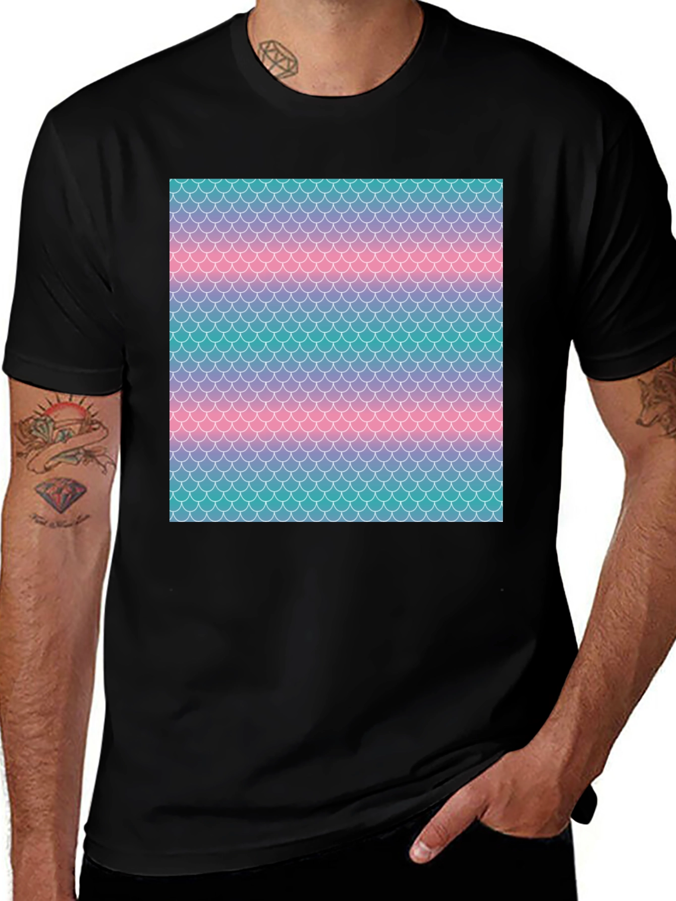 Variant 7 of Mermaid Scale Print Black T-Shirt