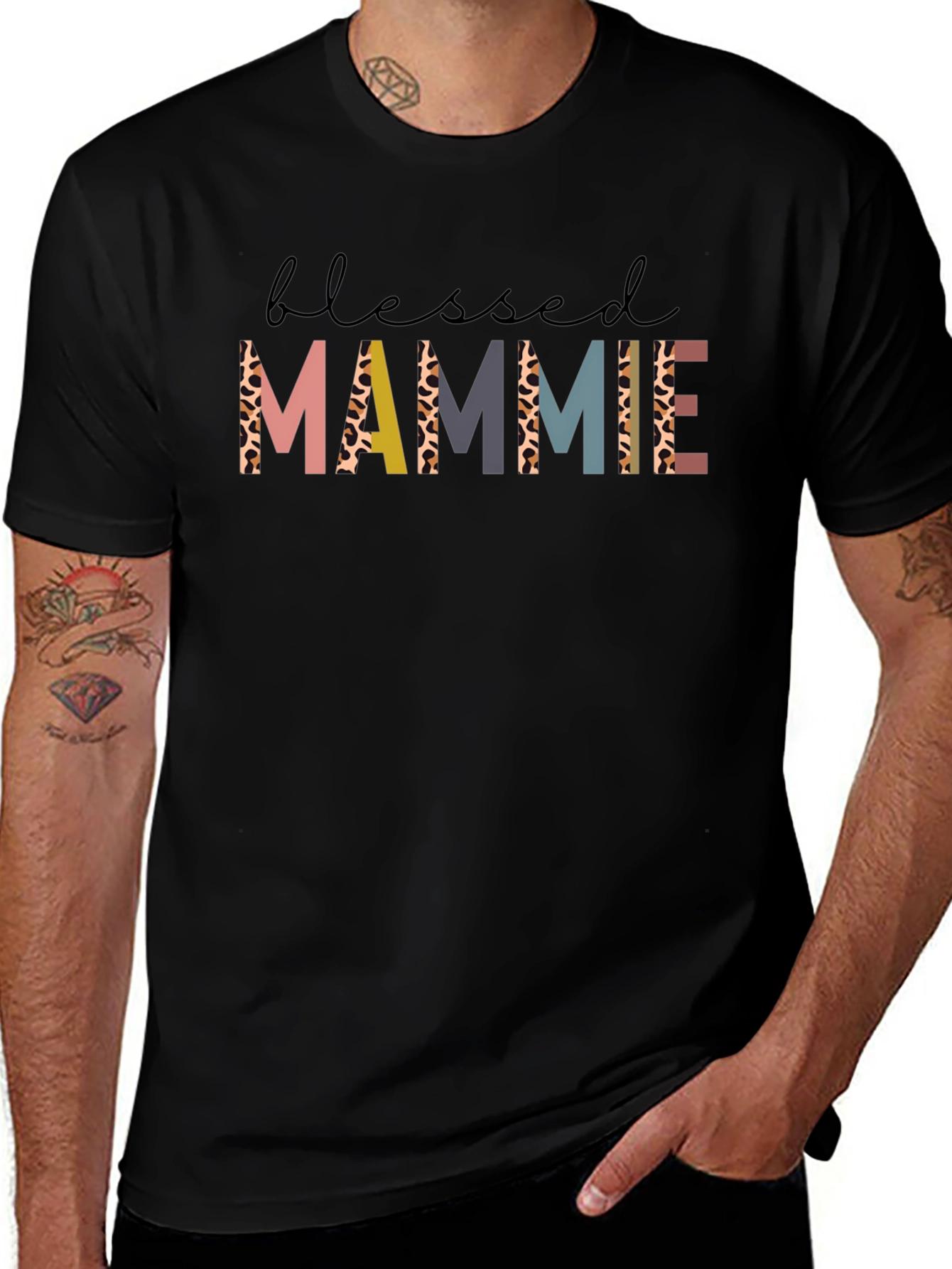 Blessed Mammie Graphic Tee - Unique Leopard Print Letters