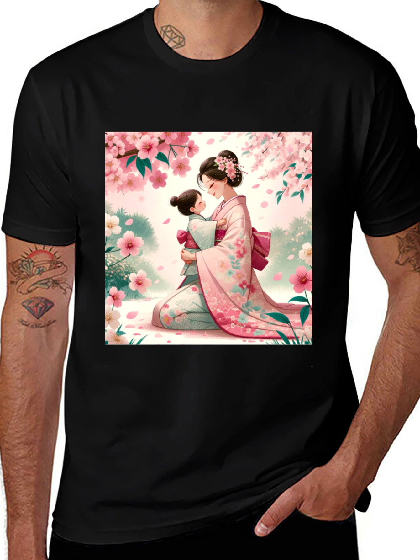 Kimono Art T-Shirt: Mother & Child in Cherry Blossoms