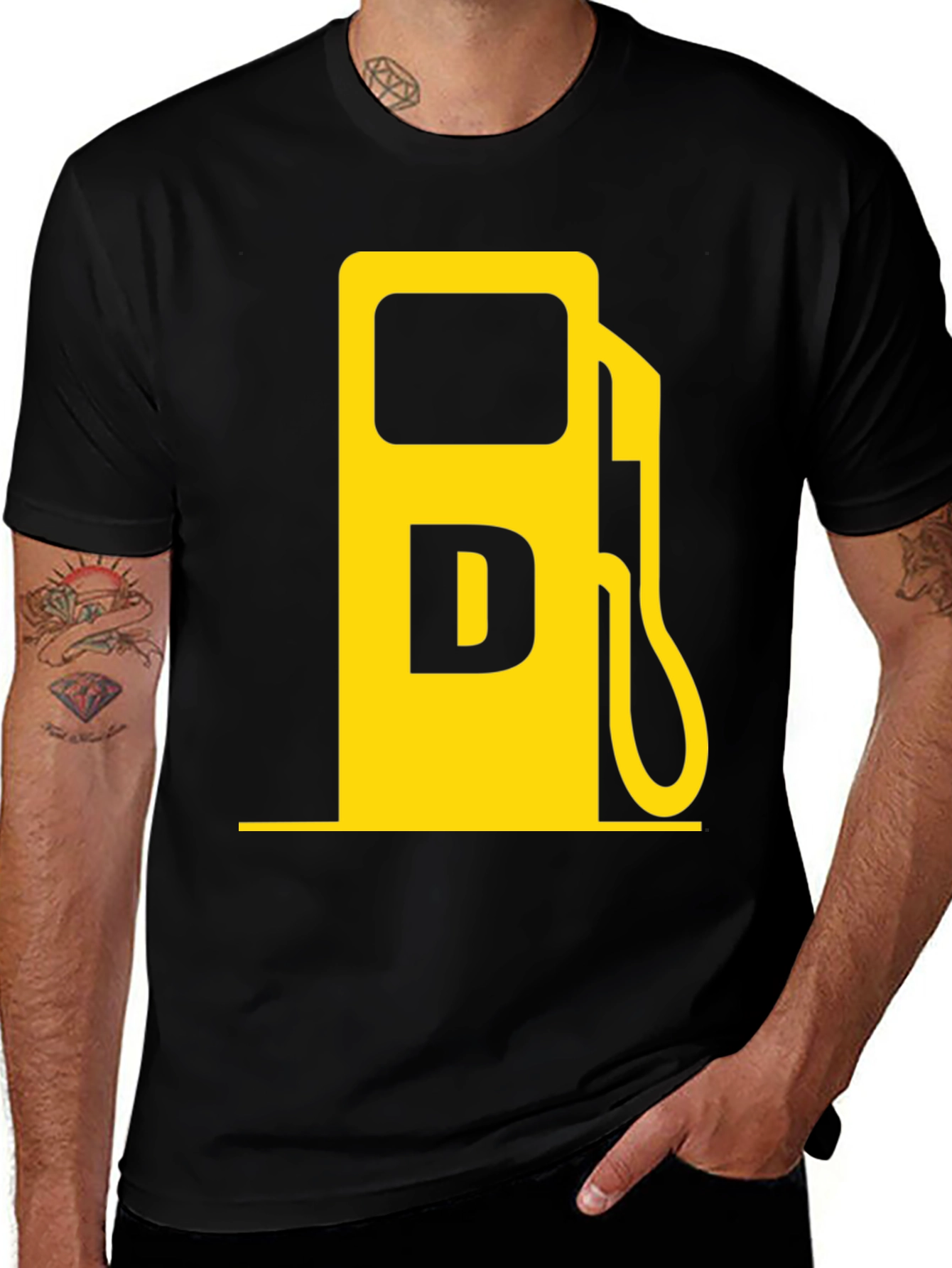 Variant 21 of Black Graphic Tee with Yellow Gas Pump 'D' Design