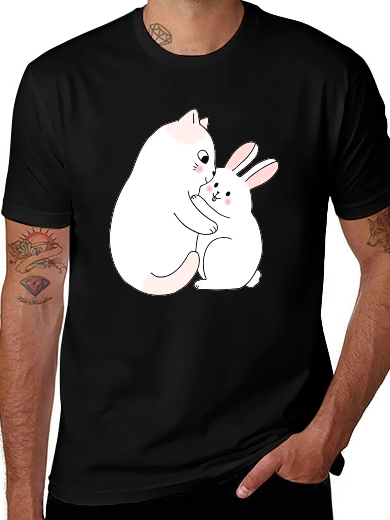 Variant 26 of Cute Cat & Bunny Hug Black T-Shirt