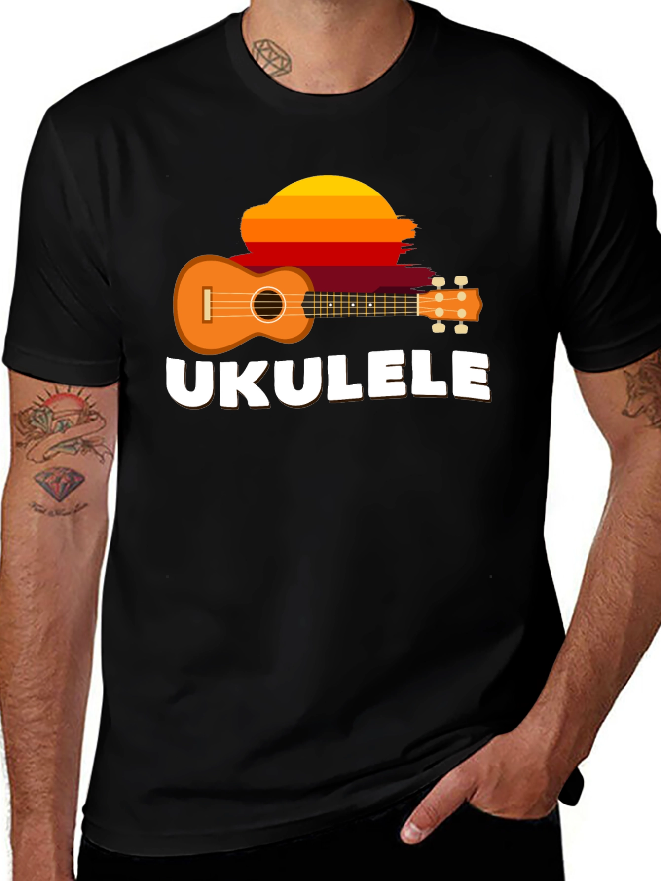 Variant 30 of Ukulele Sunset Graphic Tee - Black Cotton T-Shirt