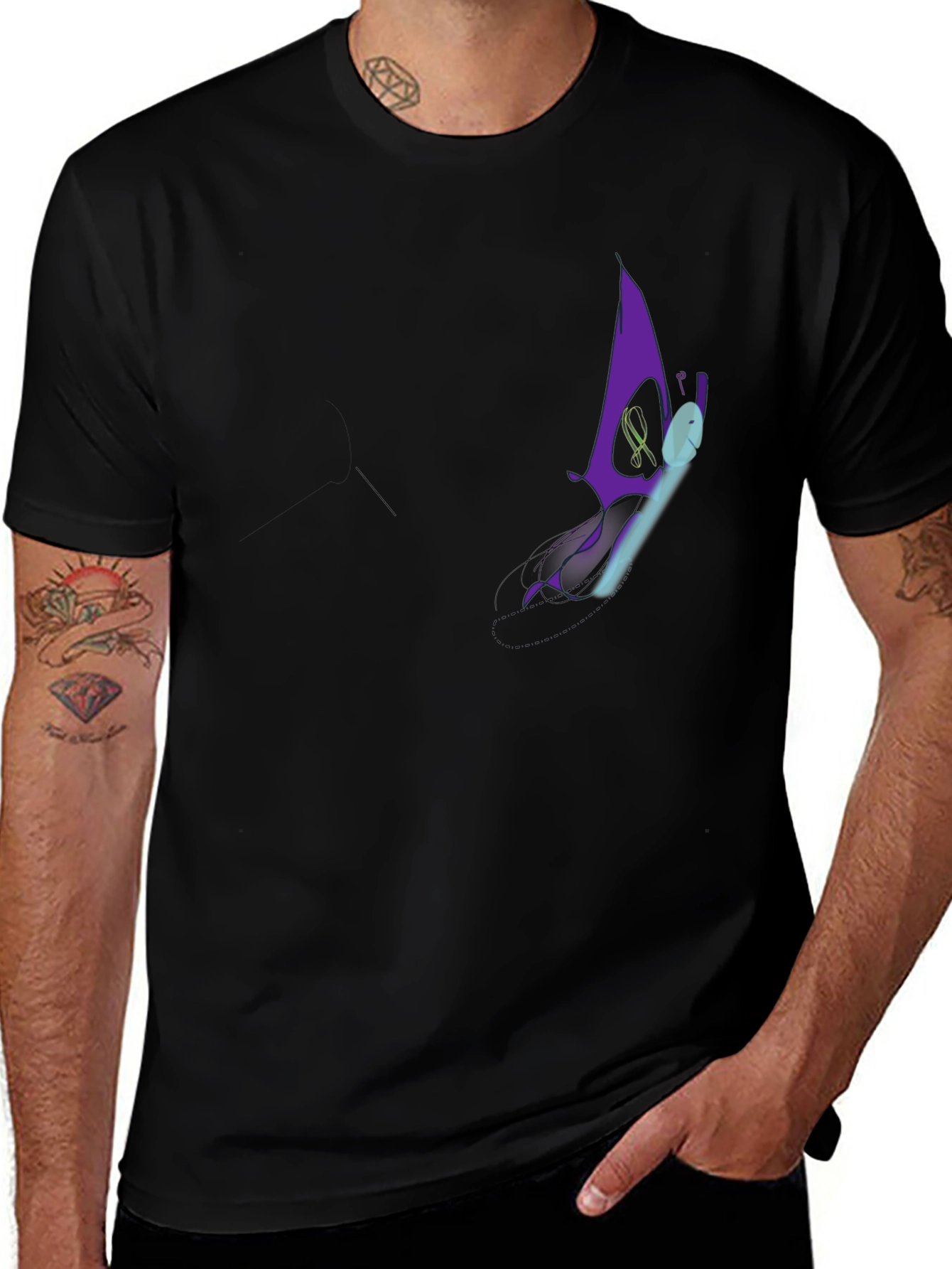 Men's Black Graphic T-Shirt - Purple Butterfly Design