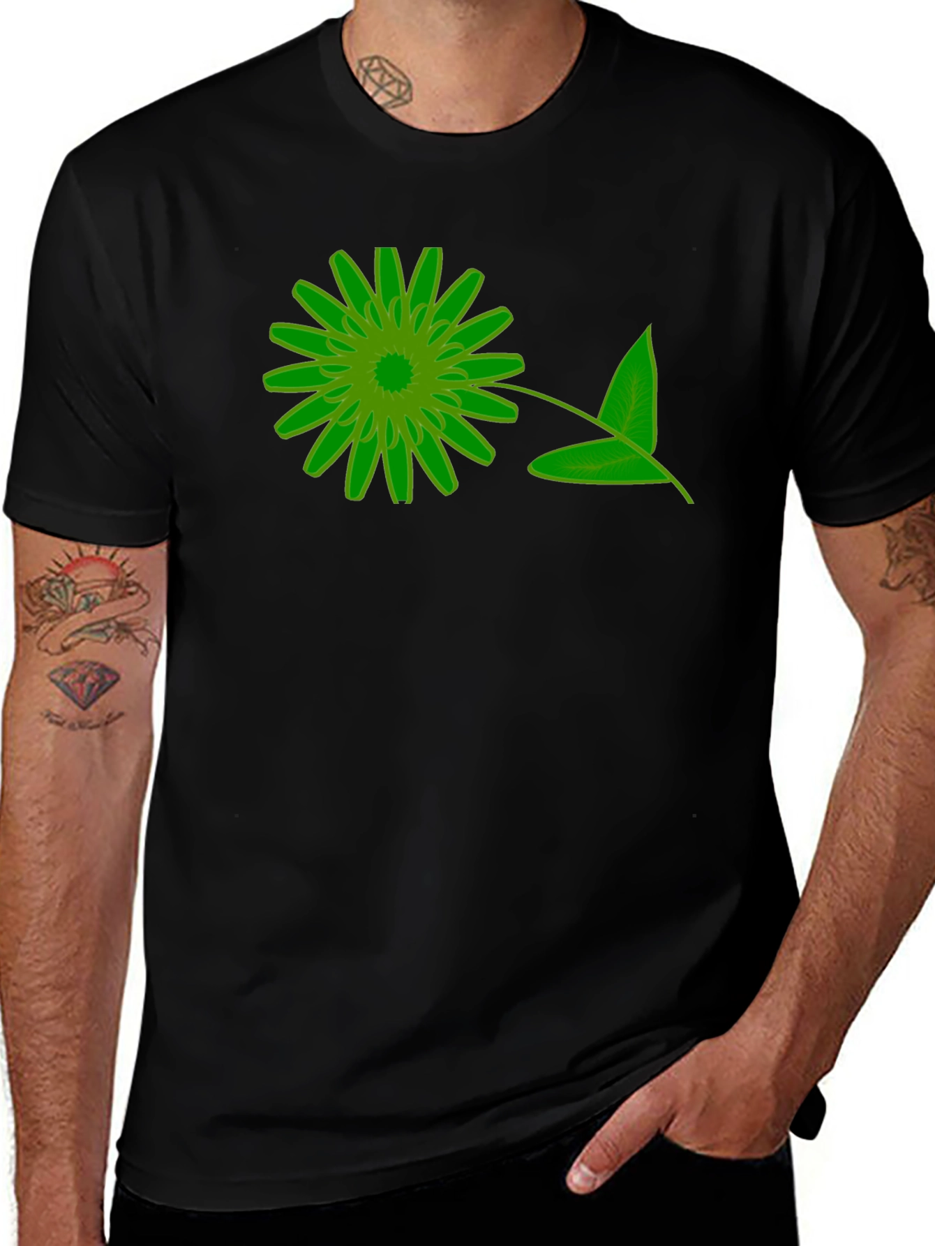 Green Floral Graphic Black T-Shirt