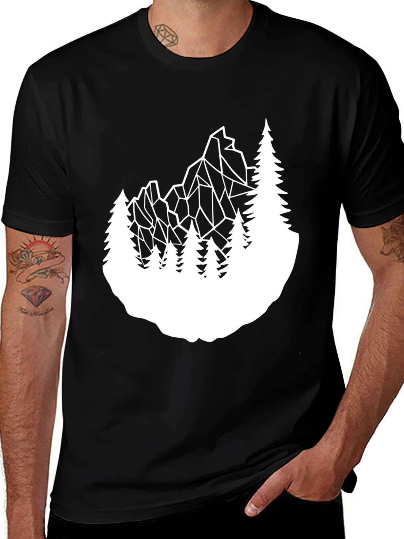 Variant 19 of Geometric Mountain & Trees Graphic Tee - Black