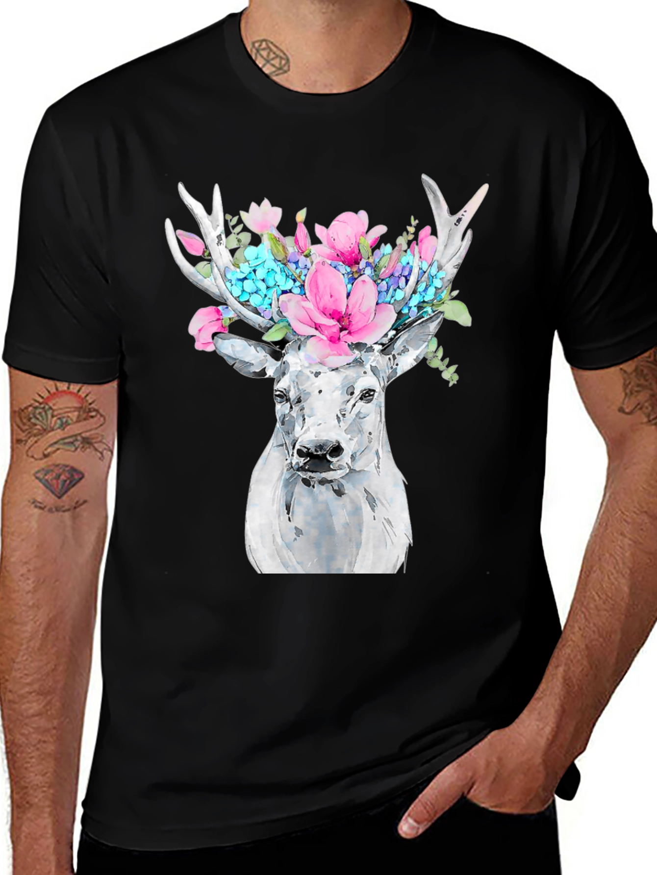 Variant 15 of Floral Deer Graphic Tee - Black Cotton T-Shirt