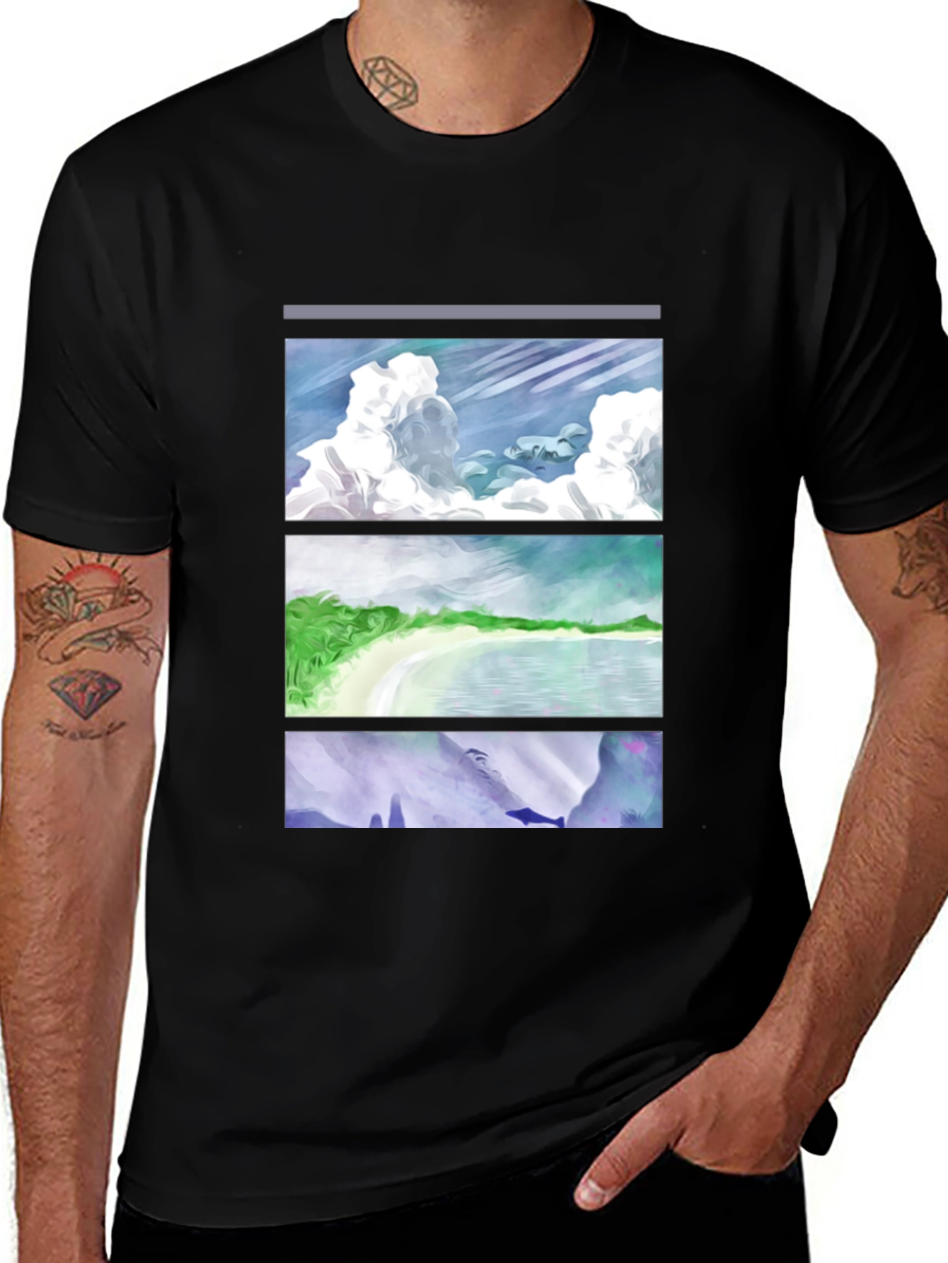 Scenic Panel T-Shirt - Clouds, Beach, Mountains