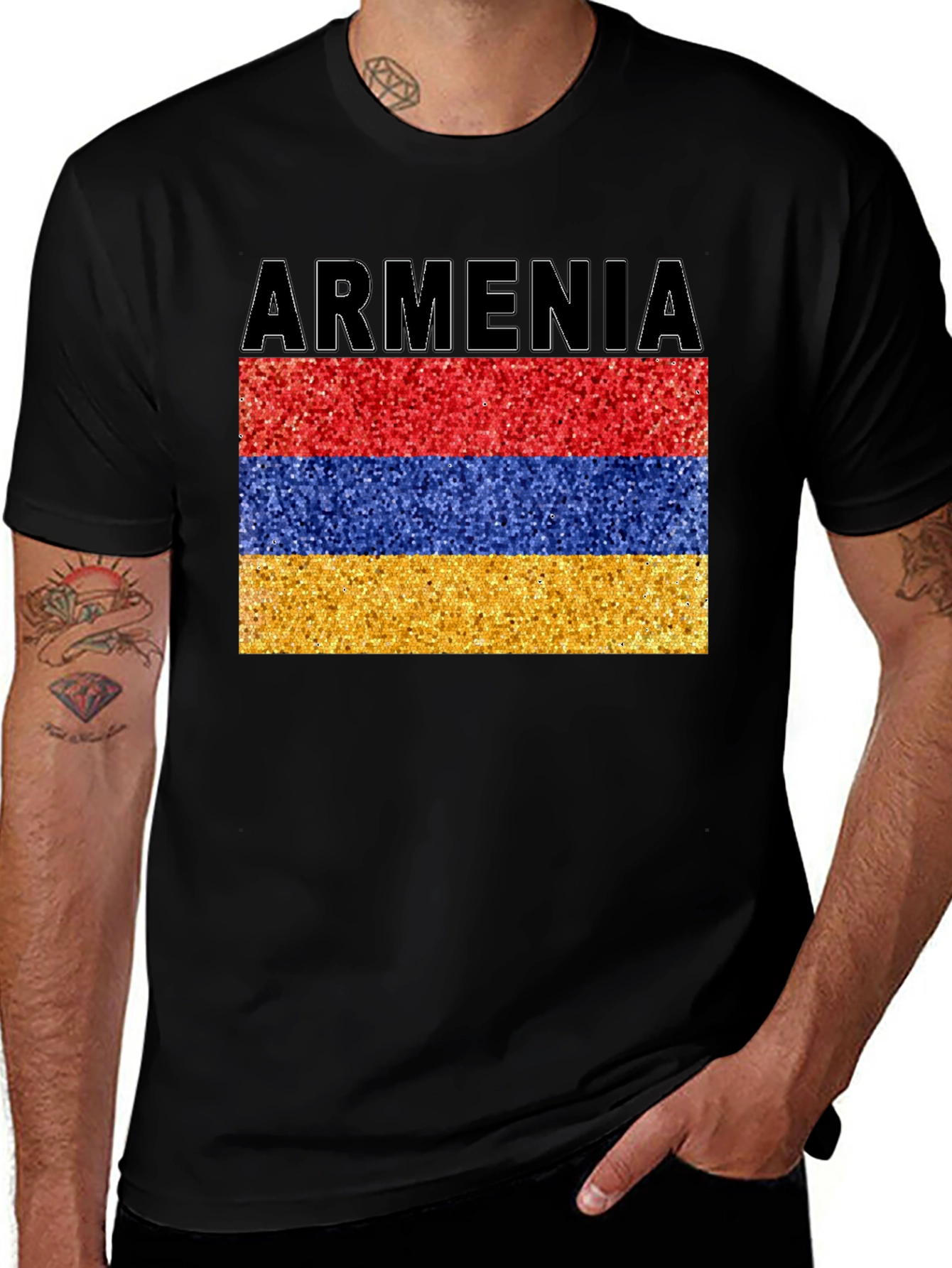 Variant 11 of Armenia Flag Glitter Graphic Print Black T-Shirt