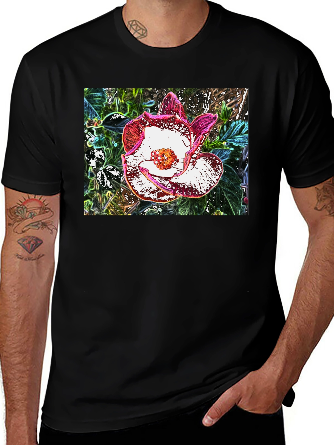 Variant 29 of Floral Graphic Black T-Shirt - Artistic Flower Print