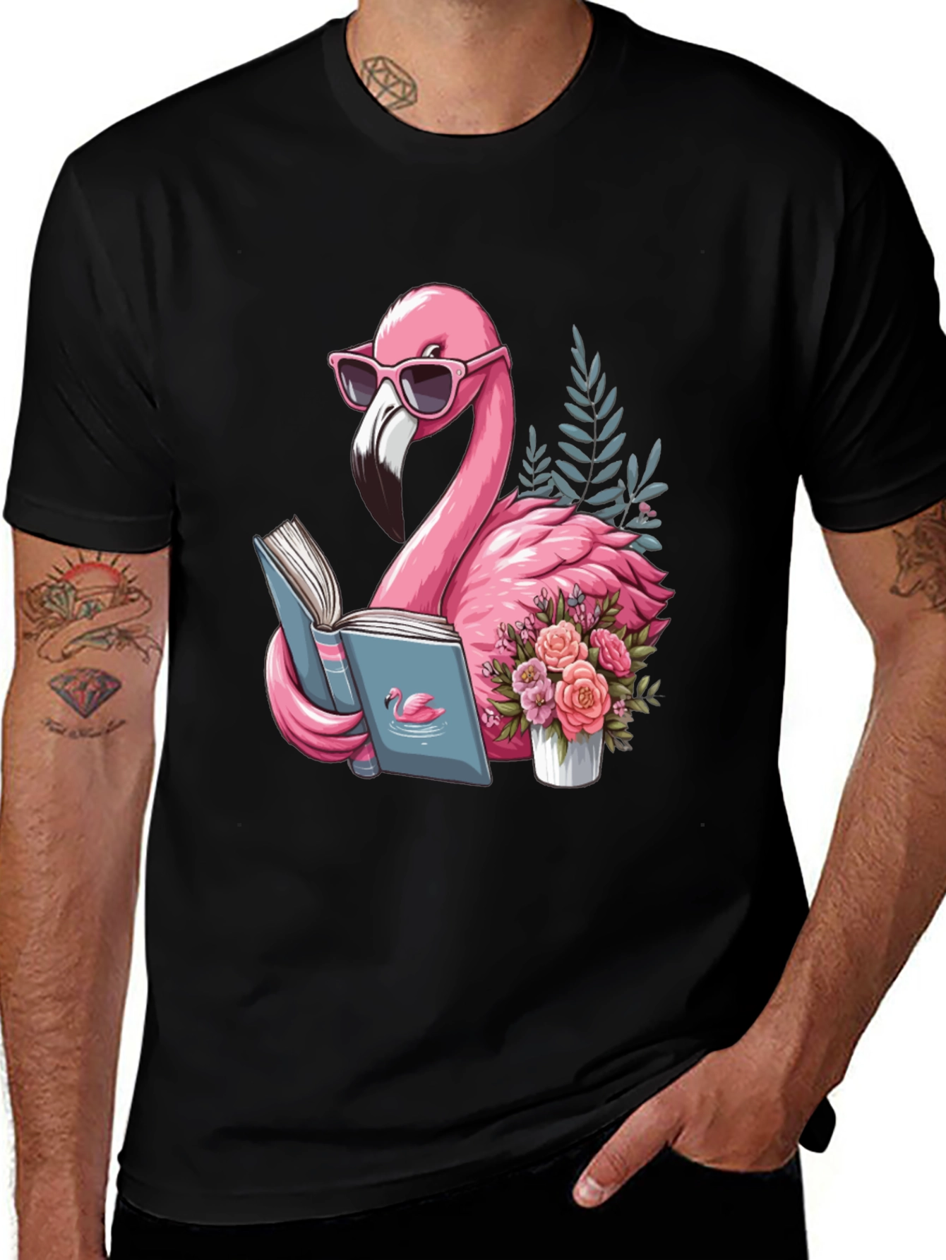 Variant 13 of Flamingo Reading T-Shirt - Black Cotton Tee