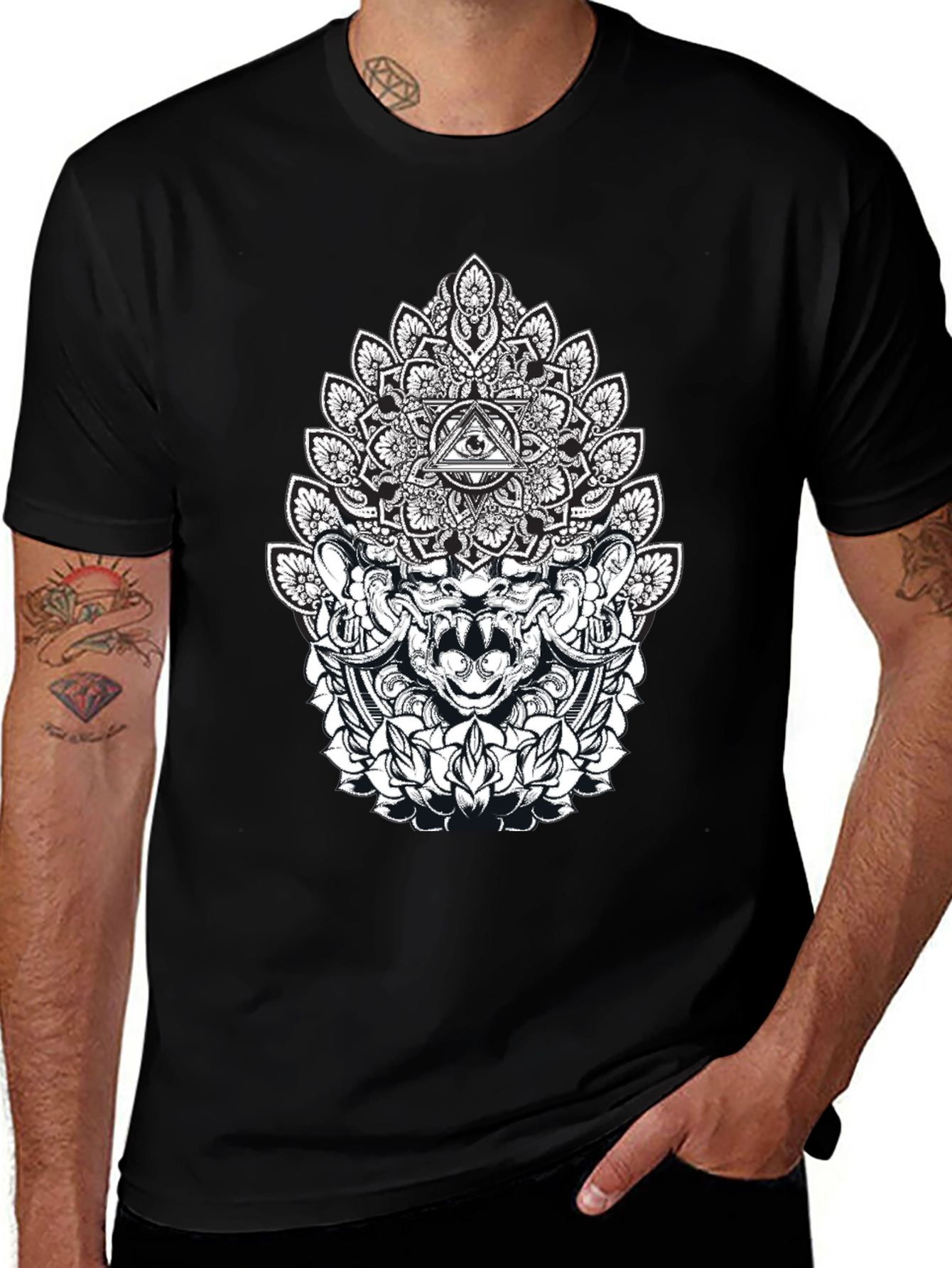 Black Graphic Tee: Mandala Eye Design