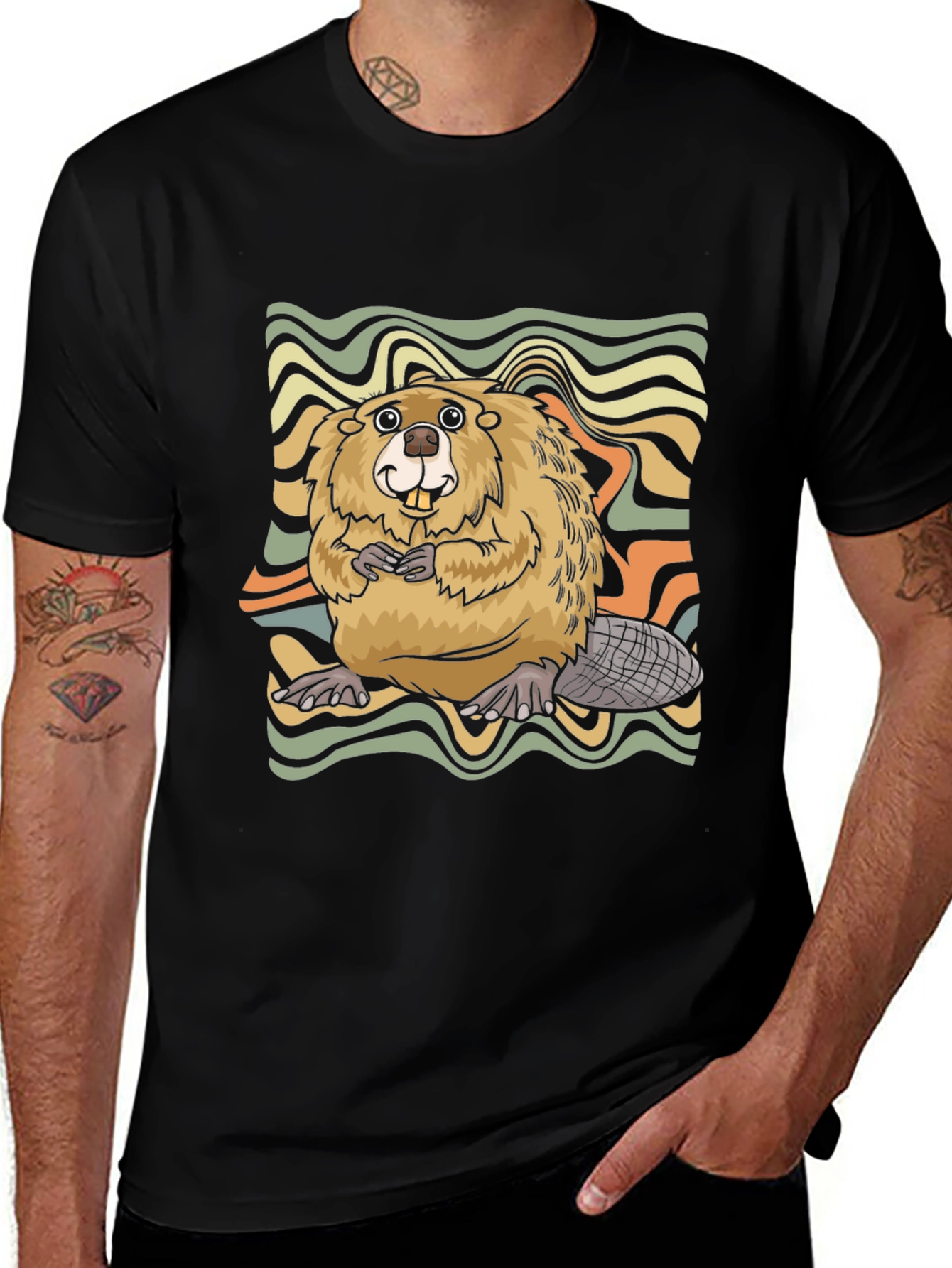 Black Retro Beaver Graphic T-Shirt main image