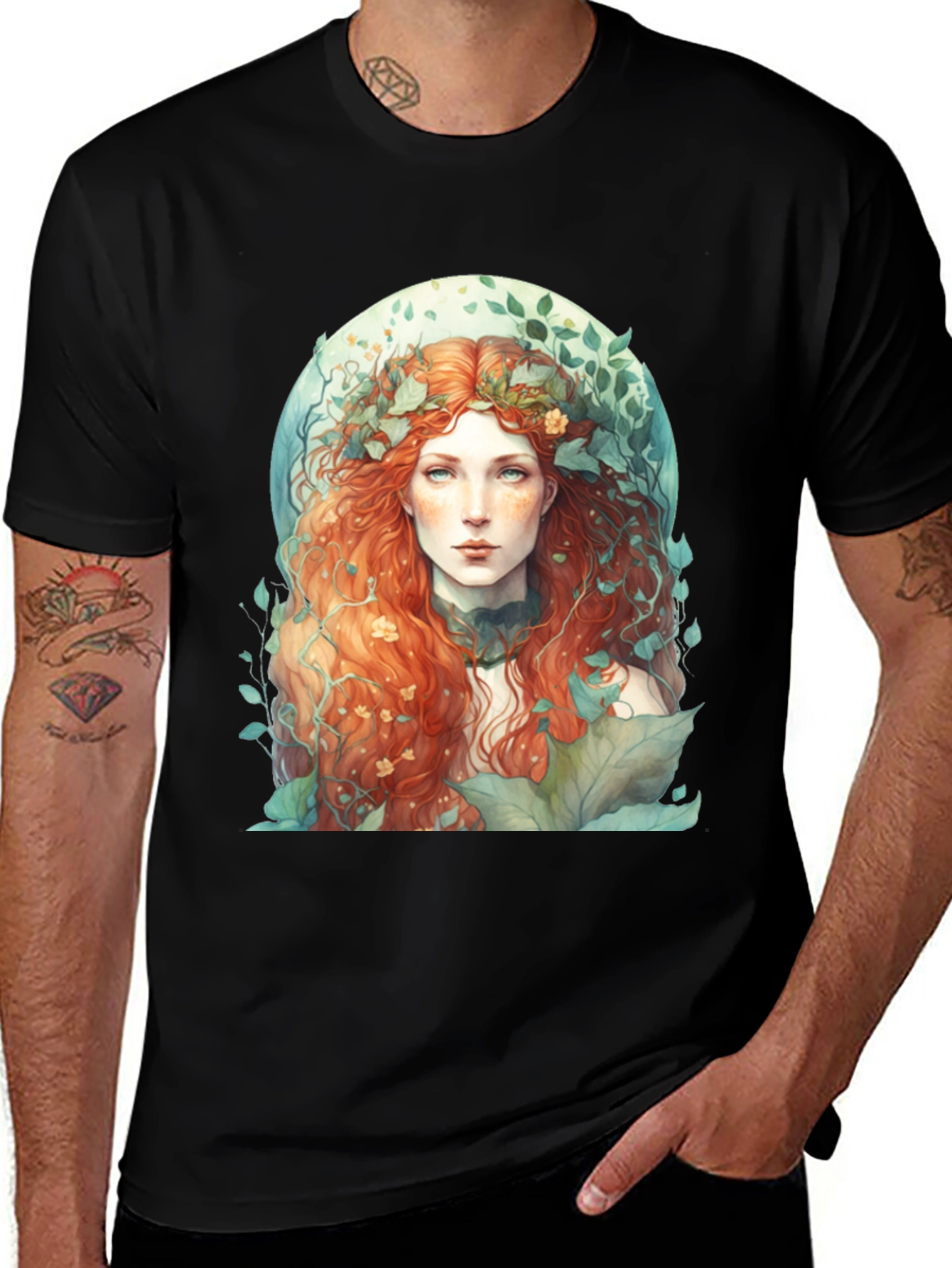 Variant 20 of Nature Goddess Tee - Red Hair, Floral Design