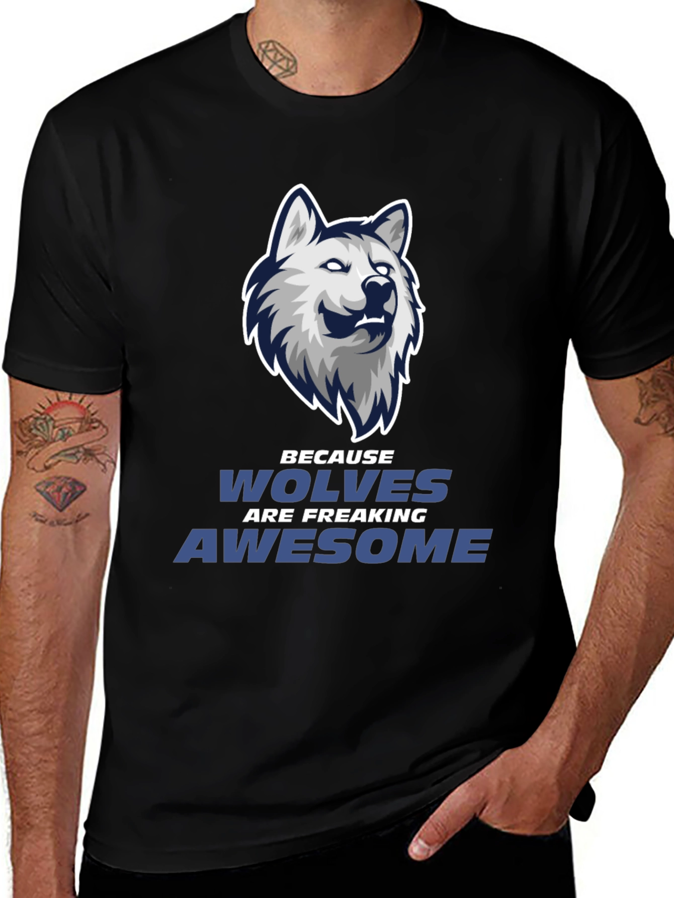 Variant 30 of Wolf Graphic Tee - "Wolves Are Awesome" Black T-Shirt