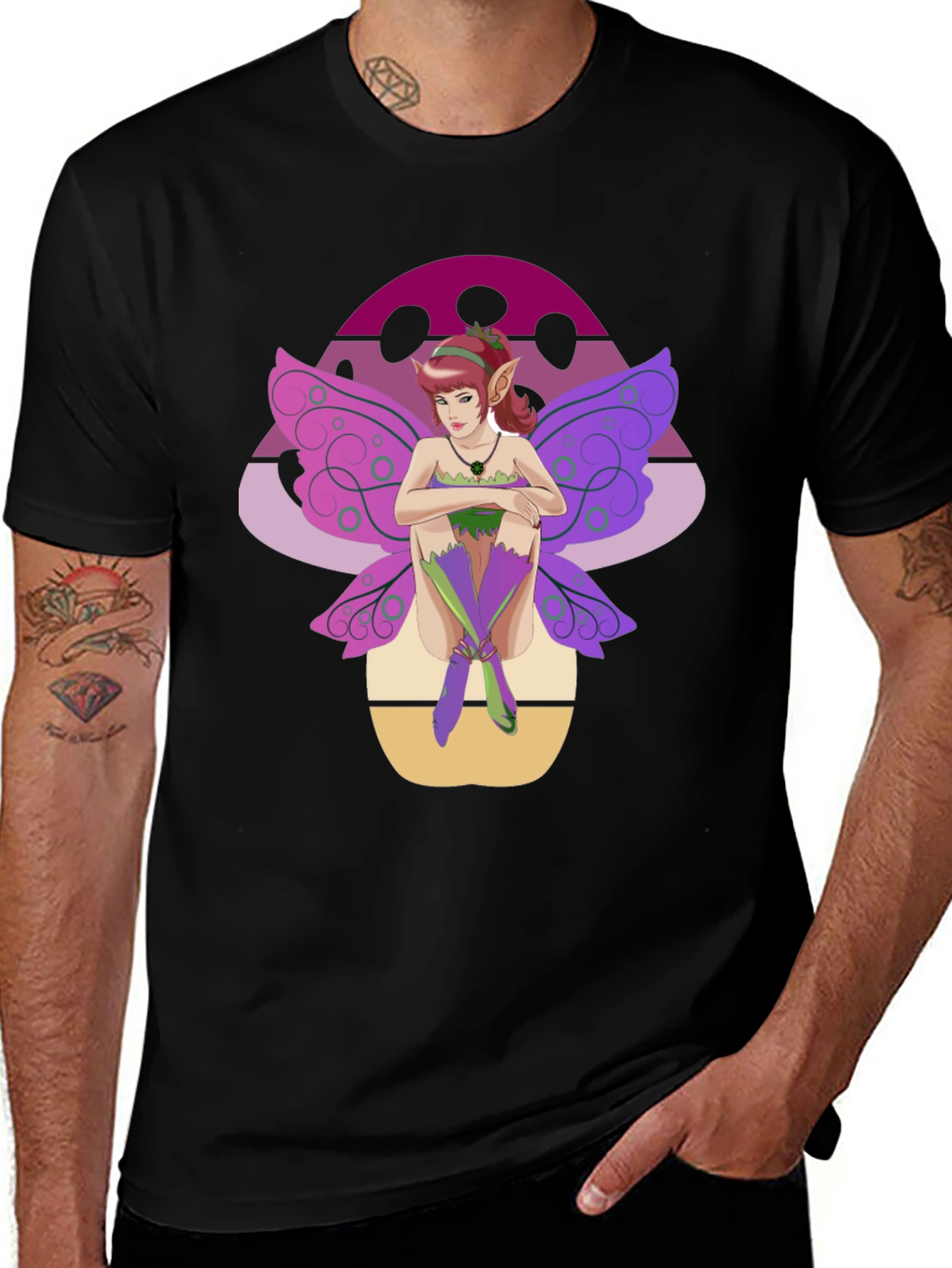 Black Fairy Mushroom Graphic Tee - Black Cotton Shirt main image