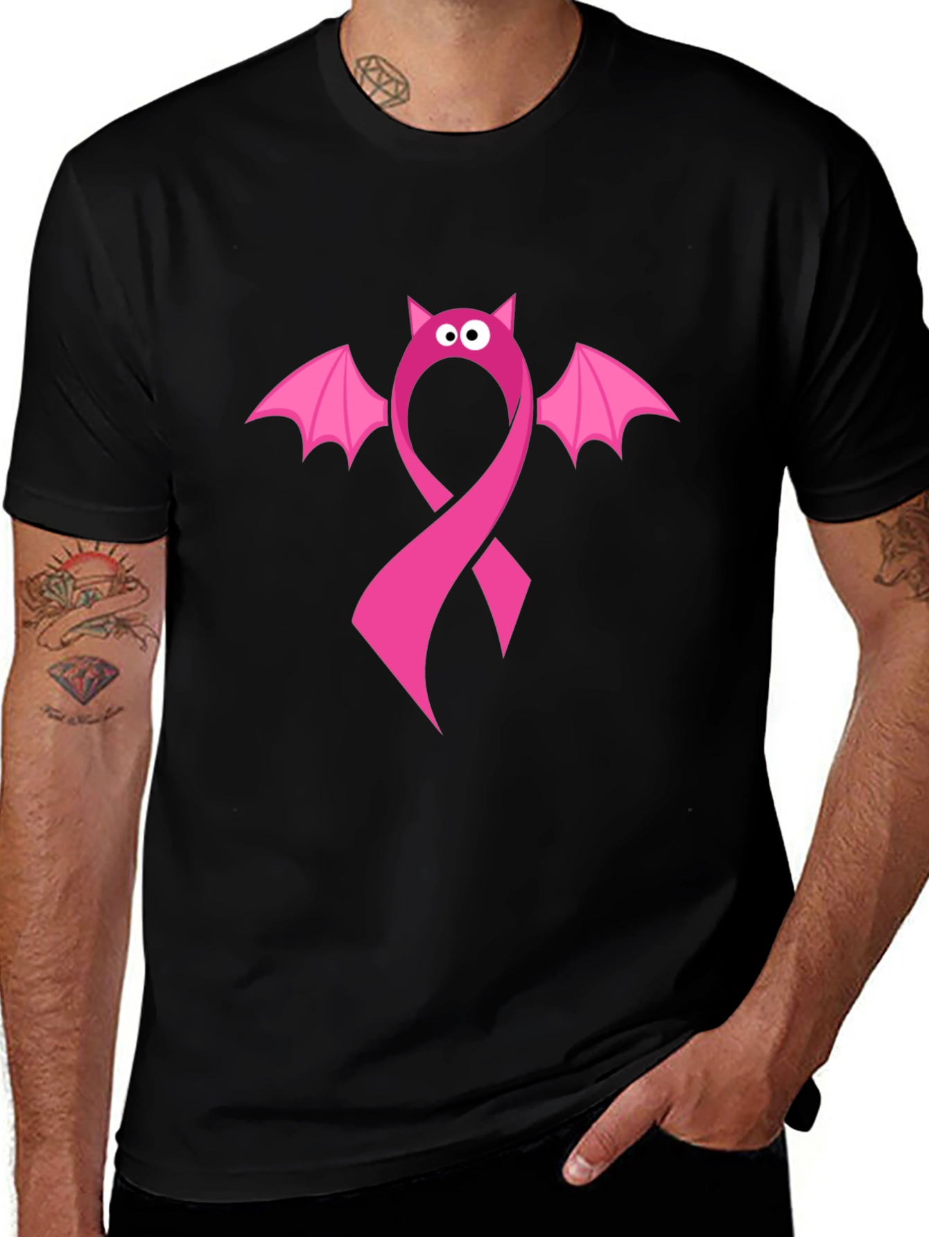 Variant 13 of Pink Ribbon Bat Graphic Tee - Support Breast Cancer Awareness