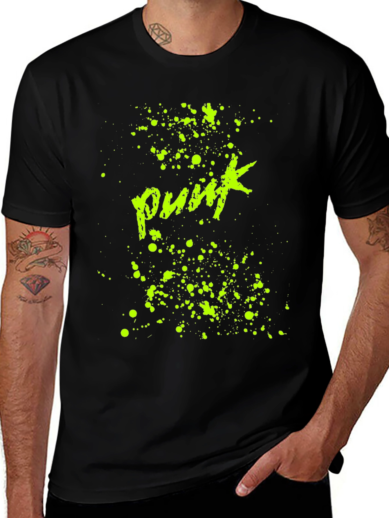 Variant 16 of Punk Style Black T-Shirt with Neon Splatter Print